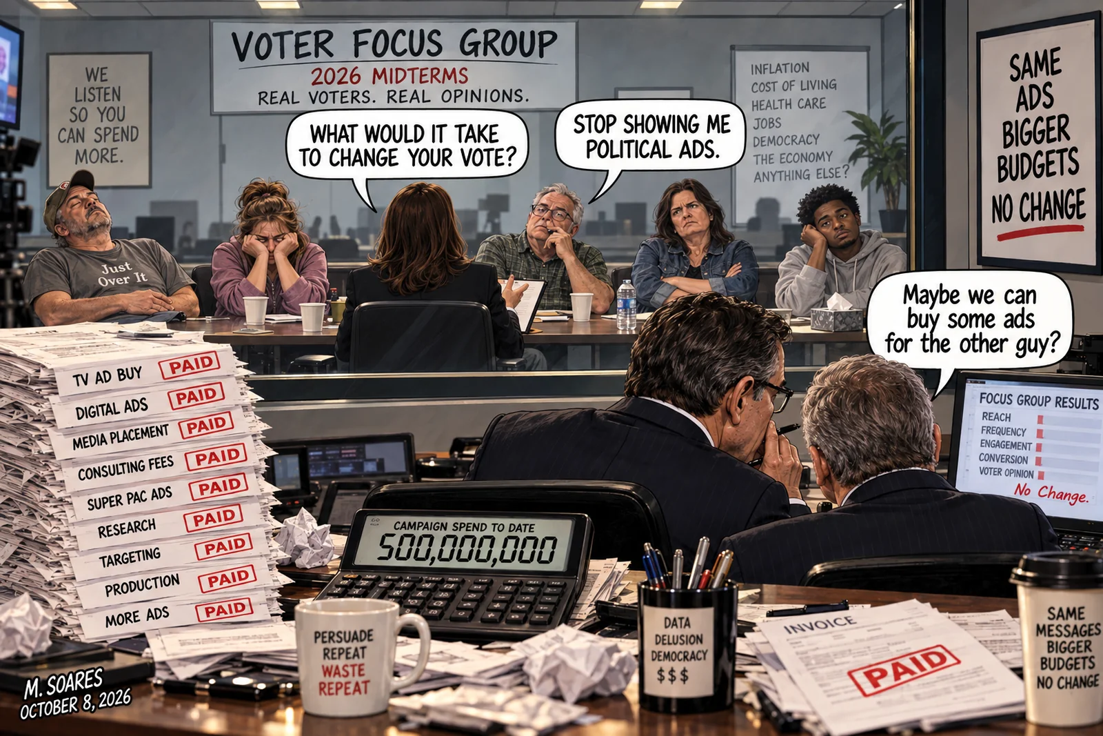 Editorial cartoon in a 2026 midterm voter focus group. Exhausted voters sit behind one-way glass while campaign consultants review stacks of paid advertising invoices and a calculator showing $500,000,000 in campaign spending. Asked what it would take to change his vote, a voter says, Stop showing me political ads. A consultant replies, Maybe we can buy some ads for the other guy?