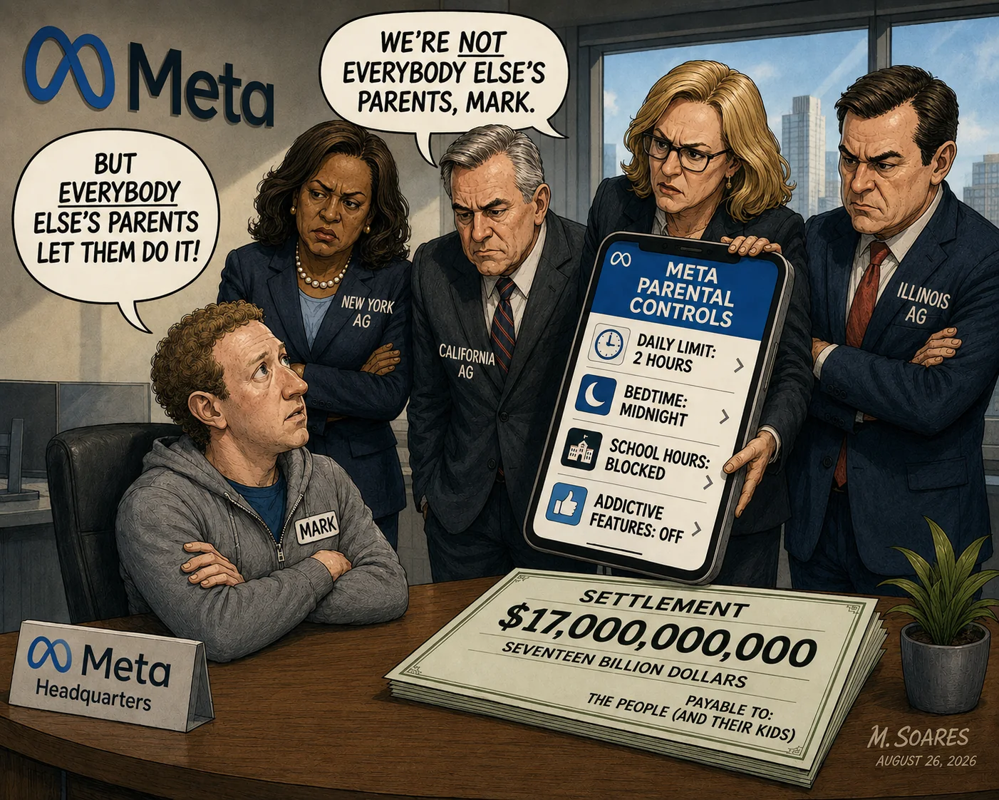 Editorial cartoon showing Mark Zuckerberg at Meta headquarters being scolded by state attorneys general beside a giant Meta Parental Controls screen and a $17 billion settlement check.