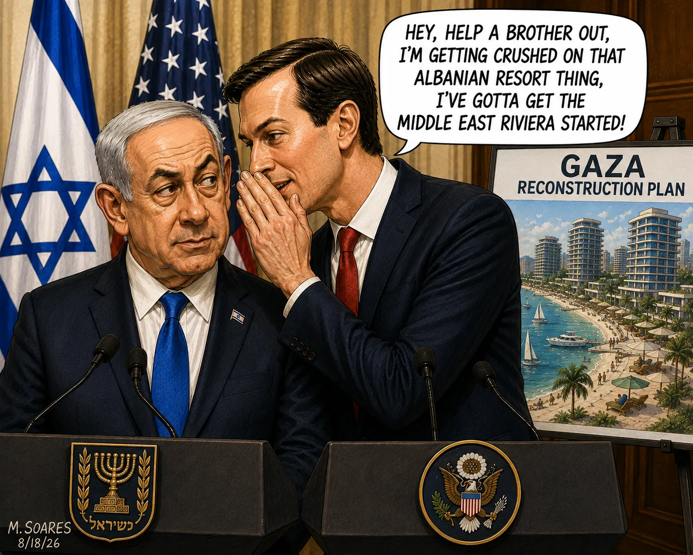 Jared Kushner whispers to Benjamin Netanyahu beside a Gaza reconstruction resort rendering about getting the Middle East Riviera started.