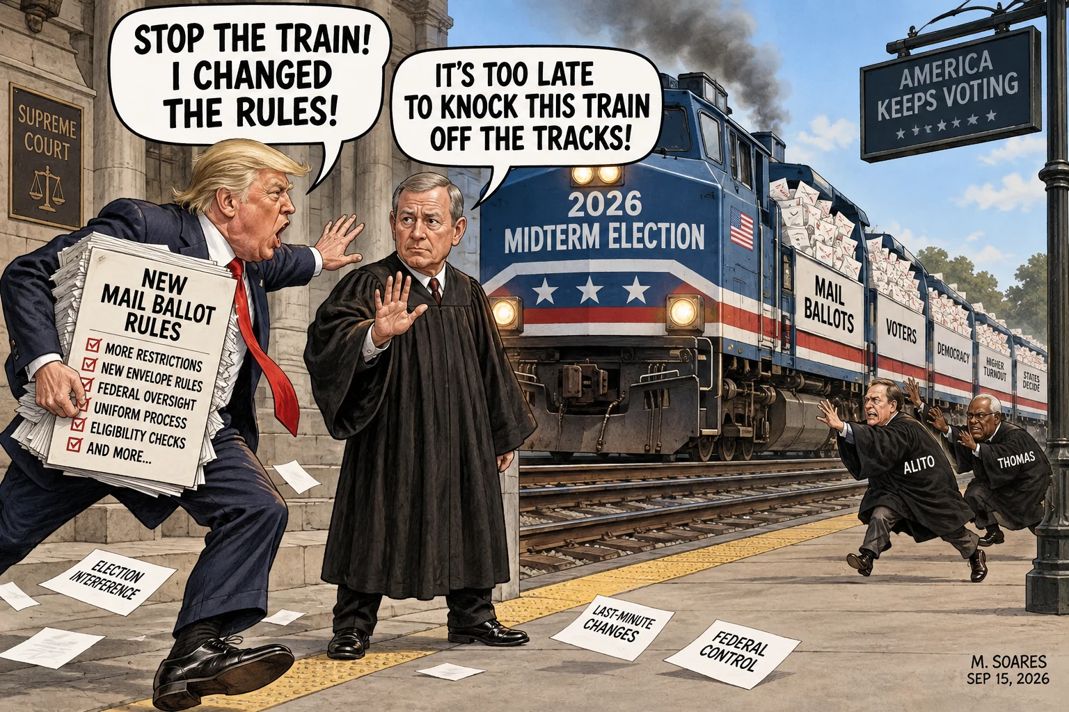 Editorial cartoon outside the Supreme Court. Donald Trump runs after a train labeled 2026 Midterm Election carrying New Mail Ballot Rules and shouts, Stop the train! I changed the rules! Chief Justice John Roberts replies, It’s too late to knock this train off the tracks! Justices Alito and Thomas chase the departing train.
