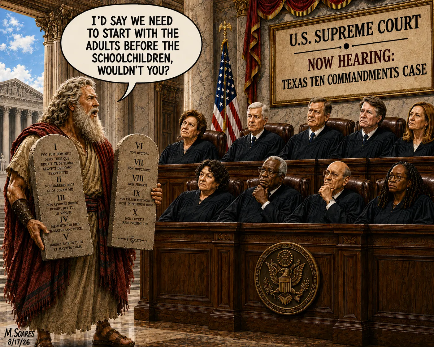 Moses presents the Ten Commandments to the Supreme Court and says they should start with the adults before the schoolchildren.