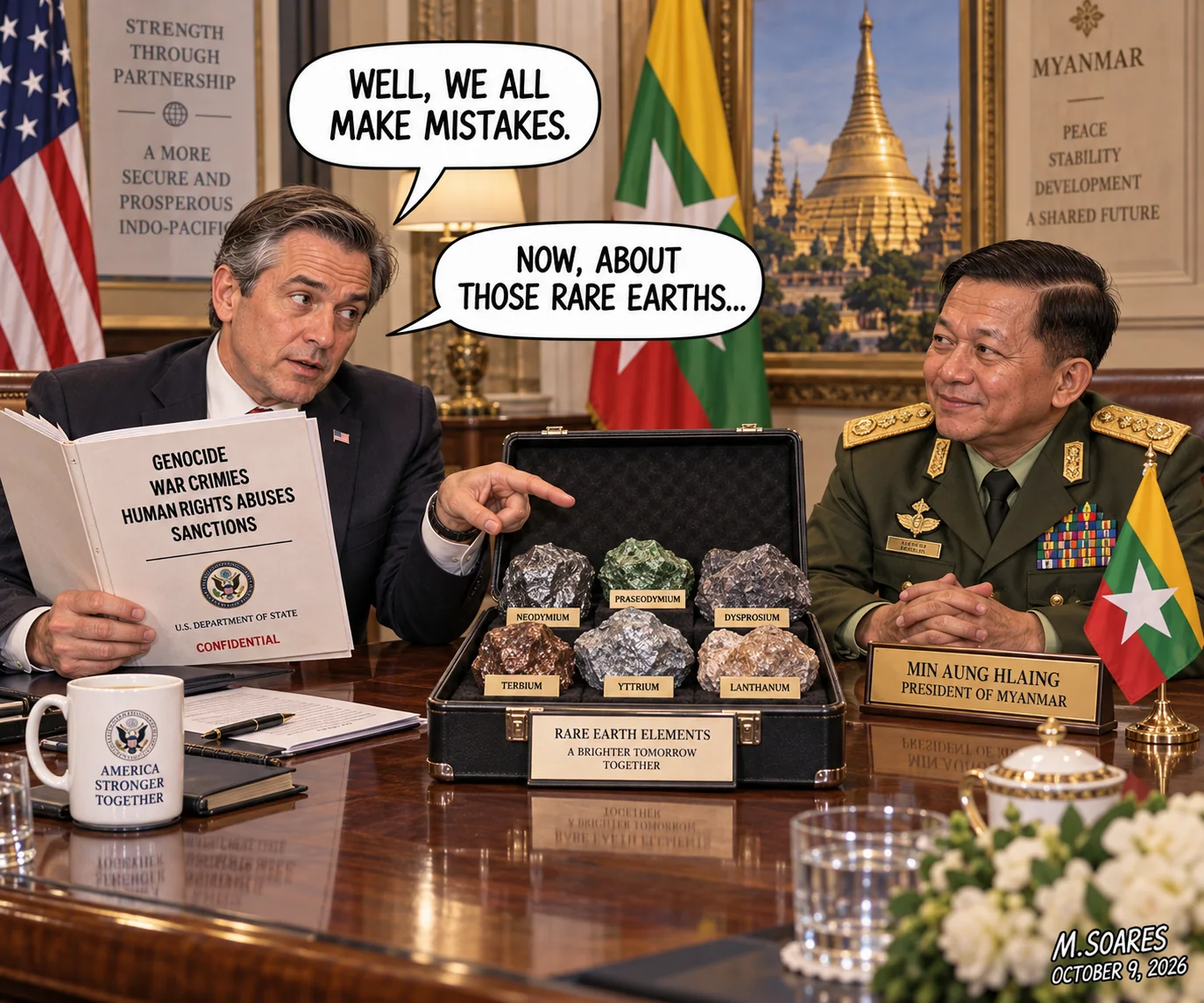 American diplomat holds a dossier labeled genocide, war crimes, human rights abuses and sanctions while negotiating rare-earth minerals with Myanmar leader Min Aung Hlaing.