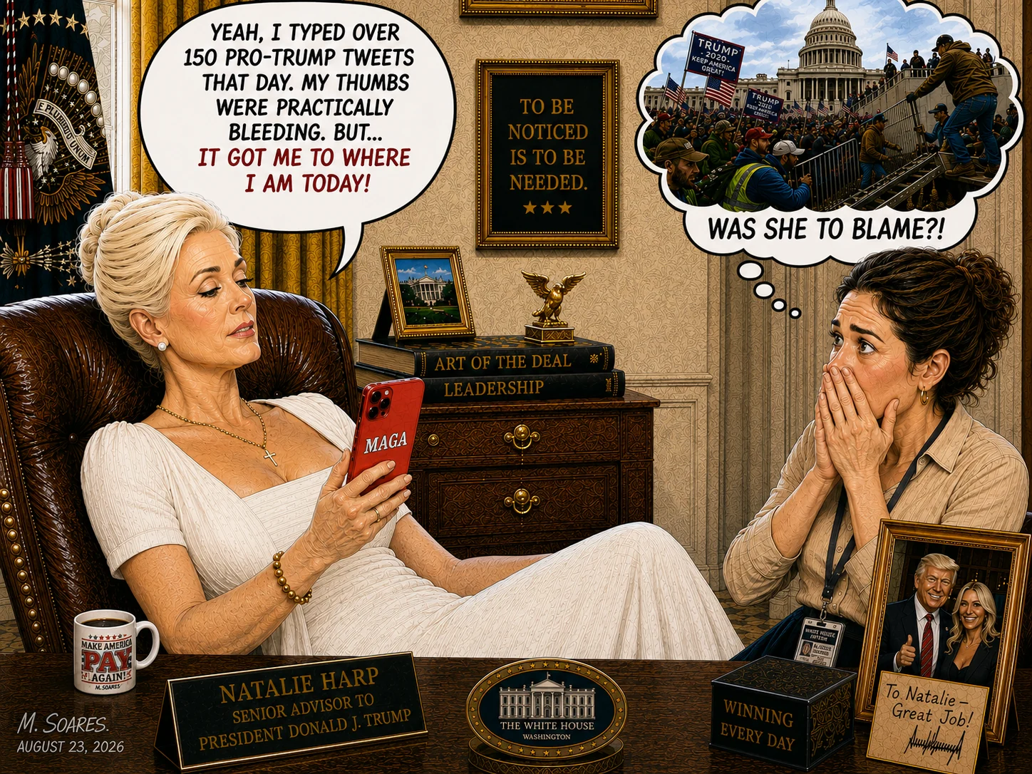 Editorial cartoon showing Natalie Harp holding a red MAGA phone and saying she typed more than 150 pro-Trump tweets that day and it got her where she is today, while another woman reacts in shock.