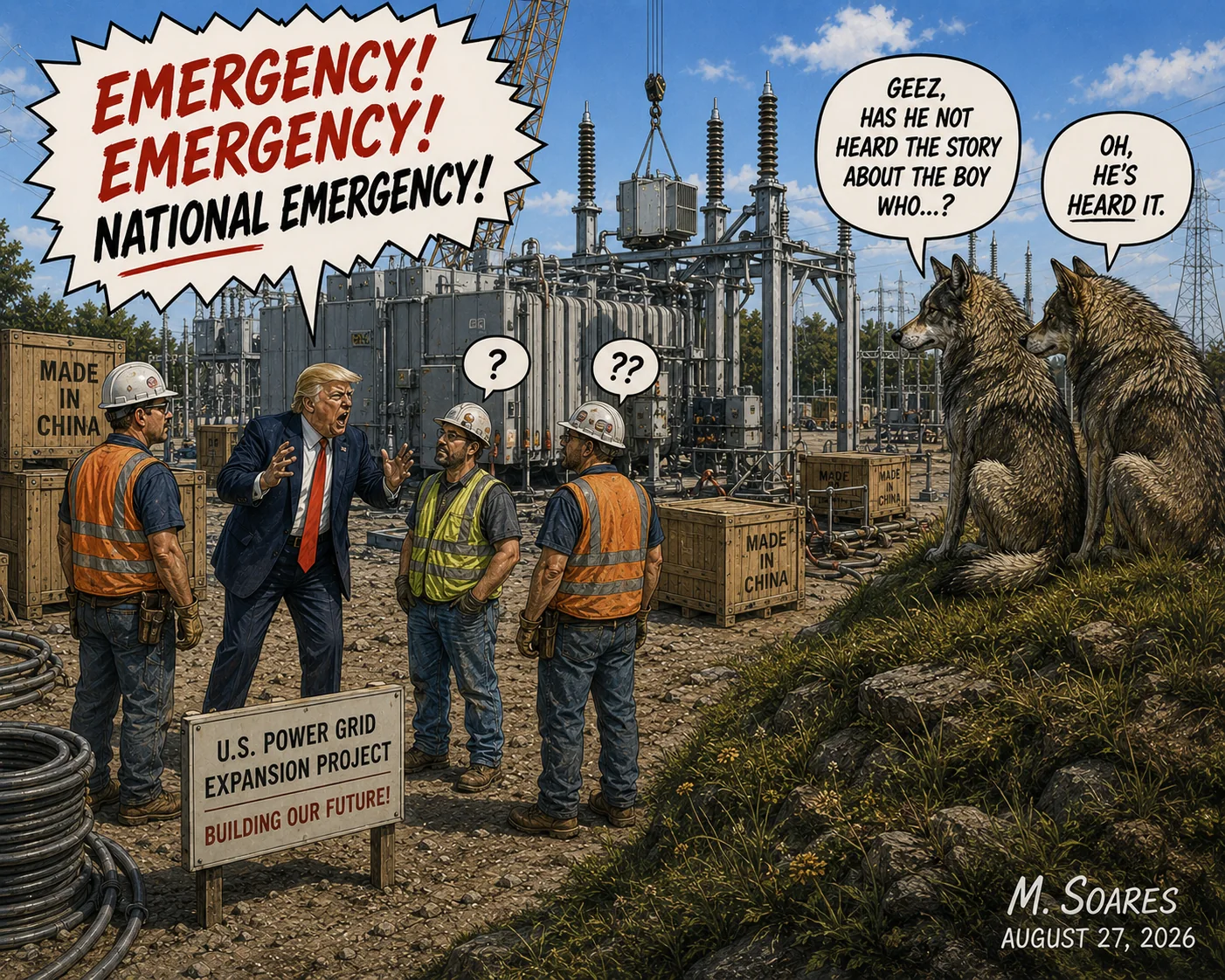 Editorial cartoon at a U.S. power-grid construction site with equipment marked “Made in China,” Donald Trump shouting “Emergency! Emergency! National emergency!” at puzzled workers, and two wolves discussing the story of the boy who cried wolf.