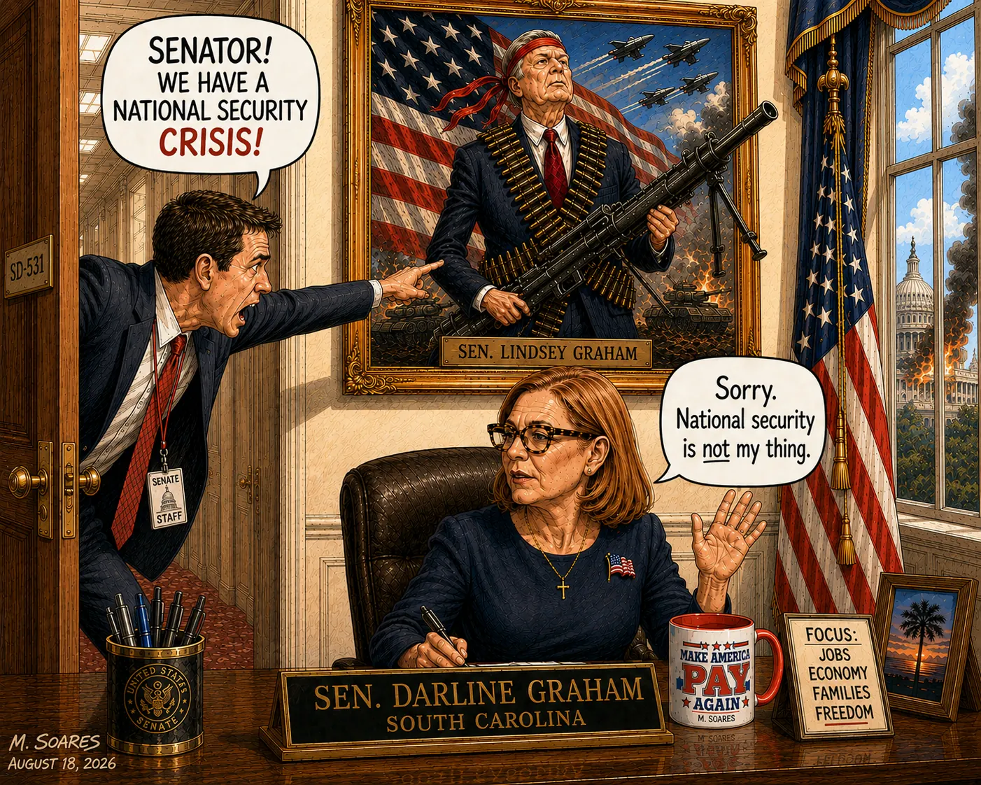 A Senate aide points toward a crisis outside while Sen. Darline Graham says national security is not her thing beneath a militarized portrait of Lindsey Graham.