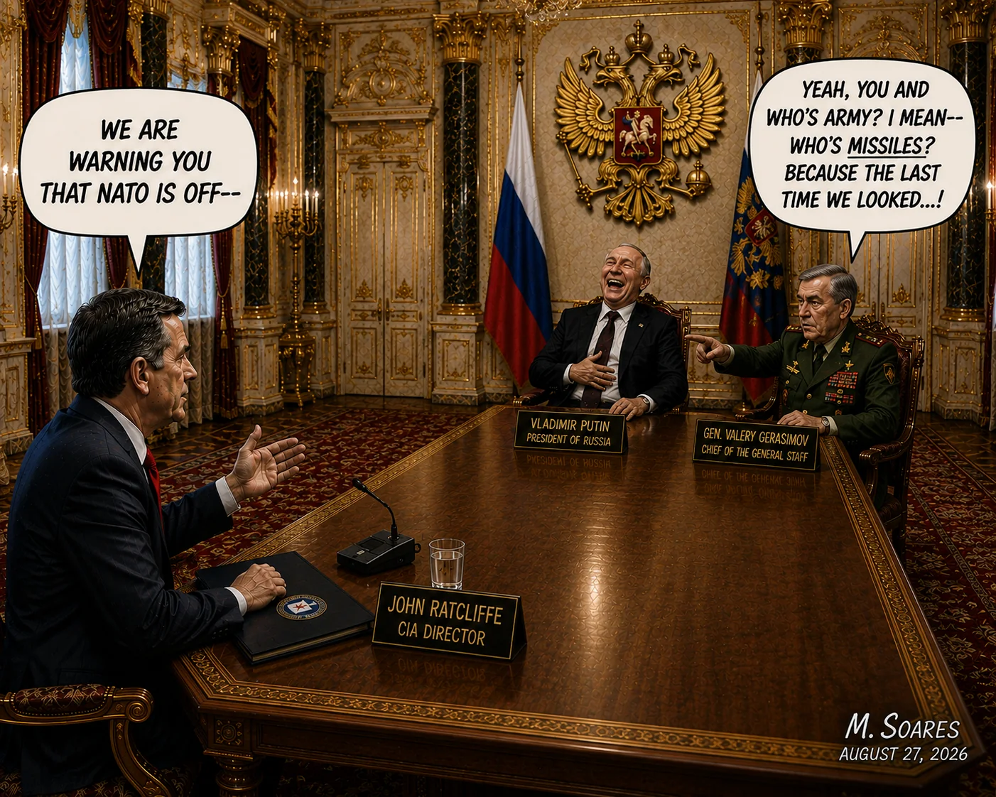 Editorial cartoon in an ornate Russian hall showing CIA Director John Ratcliffe warning that NATO is off-limits while Vladimir Putin laughs and Gen. Valery Gerasimov points toward Ratcliffe and mocks America’s army and missile supplies.