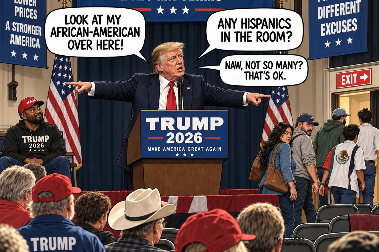 Editorial cartoon at a Trump 2026 rally. Trump points to a lone Black supporter and says, Look at my African-American over here, then asks, Any Hispanics in the room? Latino attendees walk toward the exit as he says, Naw, not so many? That’s OK.