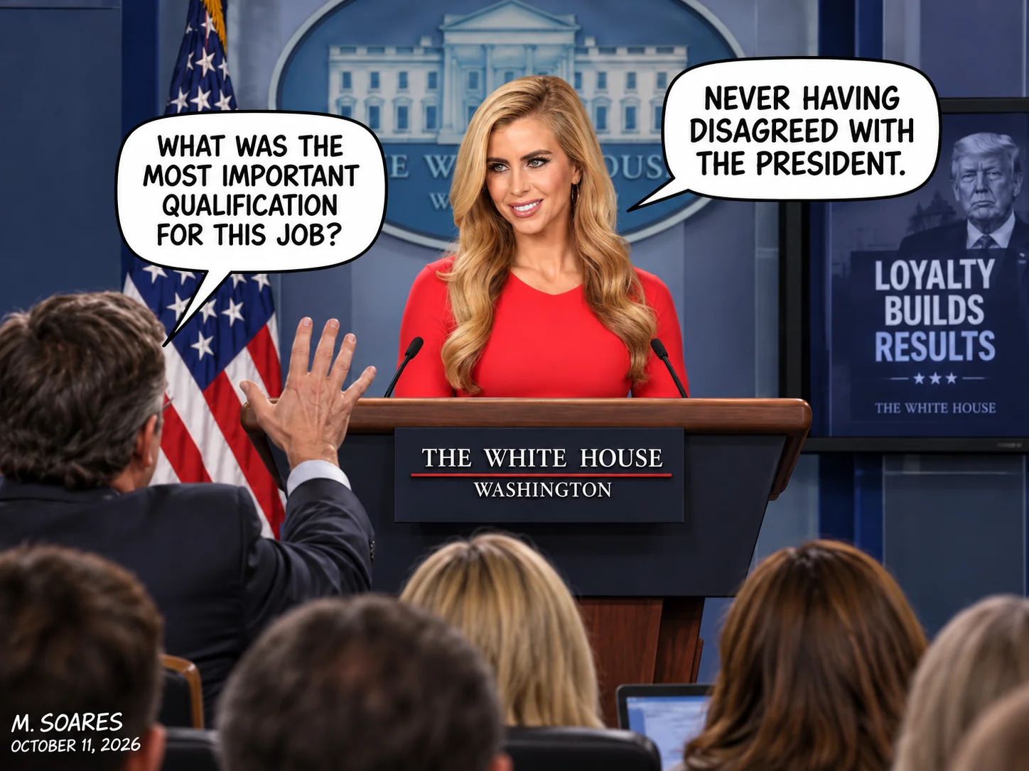 Reporter asks Katie Zacharia about the most important job qualification. She answers: Never having disagreed with the president.
