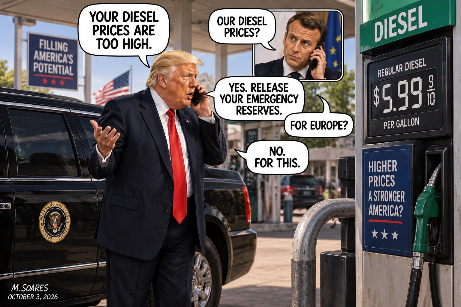 Editorial cartoon at a U.S. diesel pump. Trump tells Emmanuel Macron that Europe’s diesel prices are too high and orders Europe to release emergency reserves, then points to the American pump when Macron asks whether the reserves are for Europe.