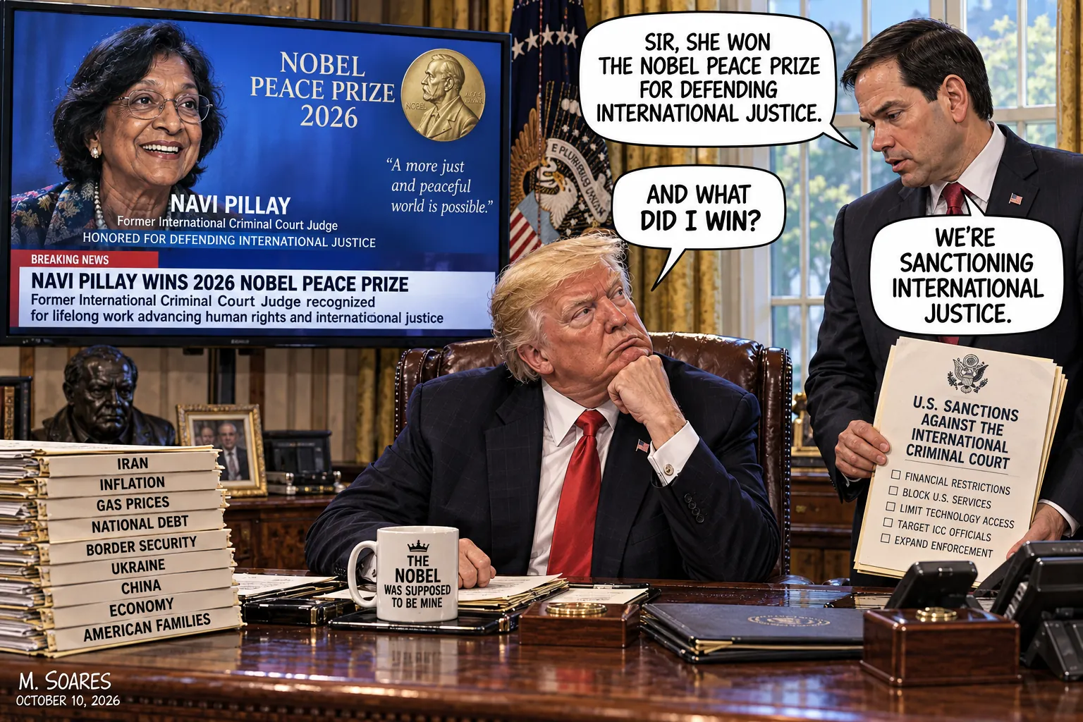 Trump asks what he won after Marco Rubio tells him Navi Pillay received the Nobel Peace Prize; Rubio replies: We’re sanctioning international justice.