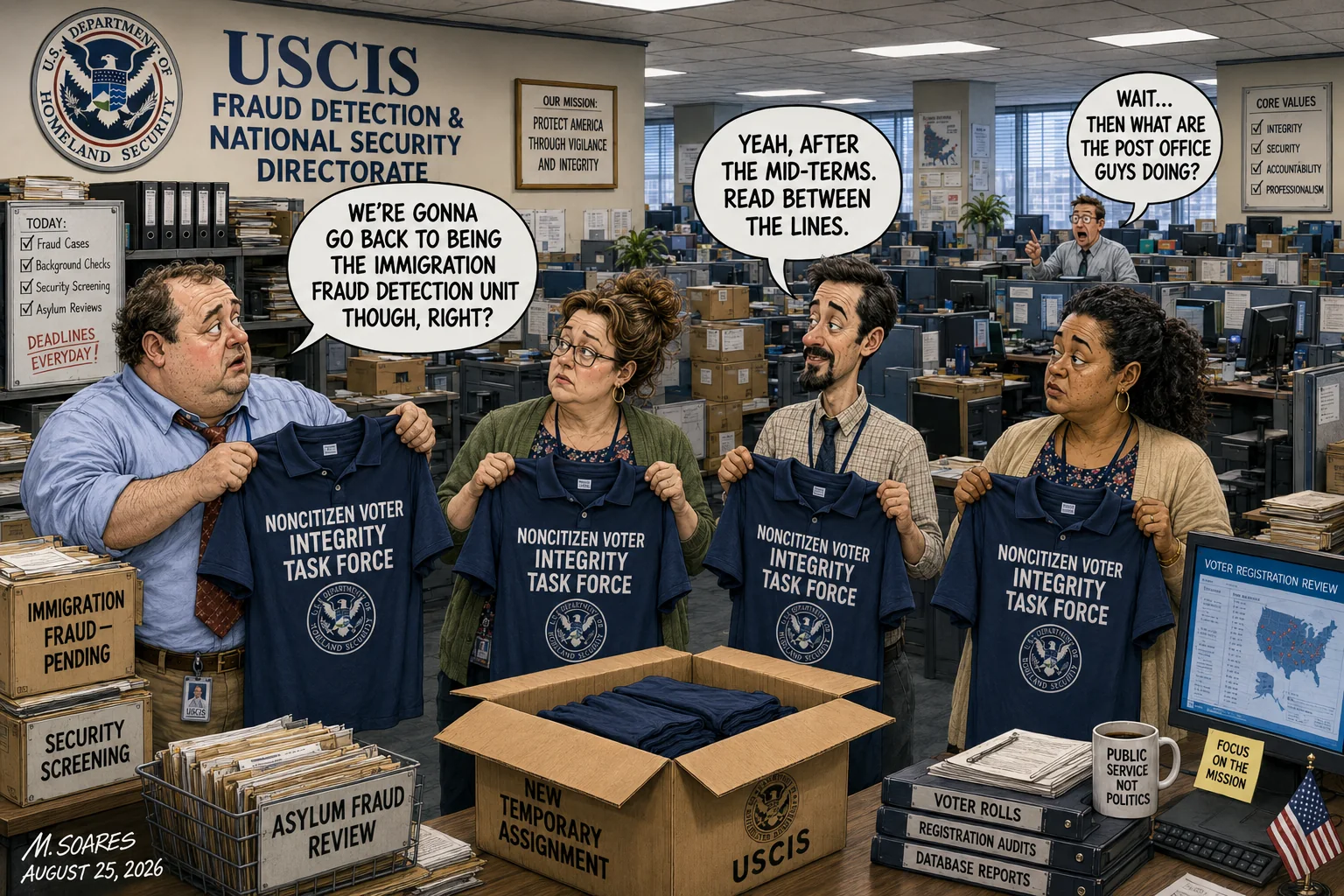 Editorial cartoon showing four USCIS fraud investigators holding navy shirts labeled “Noncitizen Voter Integrity Task Force” as one says they will return to immigration fraud work after the midterms.