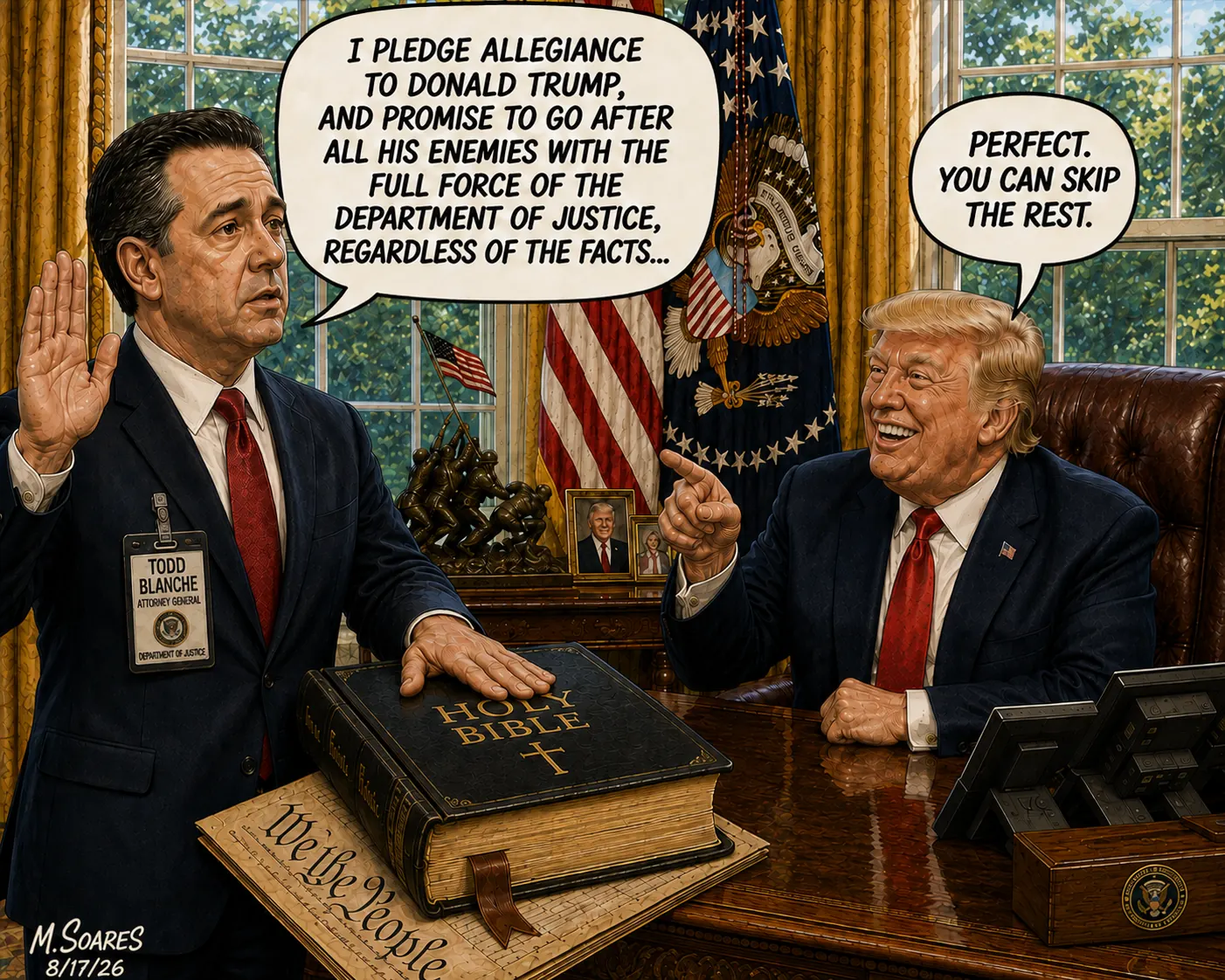 Todd Blanche pledges loyalty to Donald Trump while Trump tells him he can skip the rest of the oath.