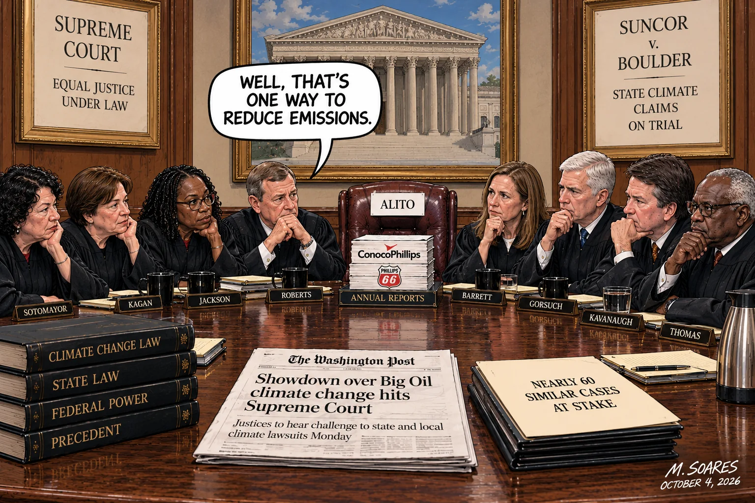 Editorial cartoon of eight Supreme Court justices around a conference table with an empty chair labeled Alito, oil-company annual reports, and the line, Well, that’s one way to reduce emissions.