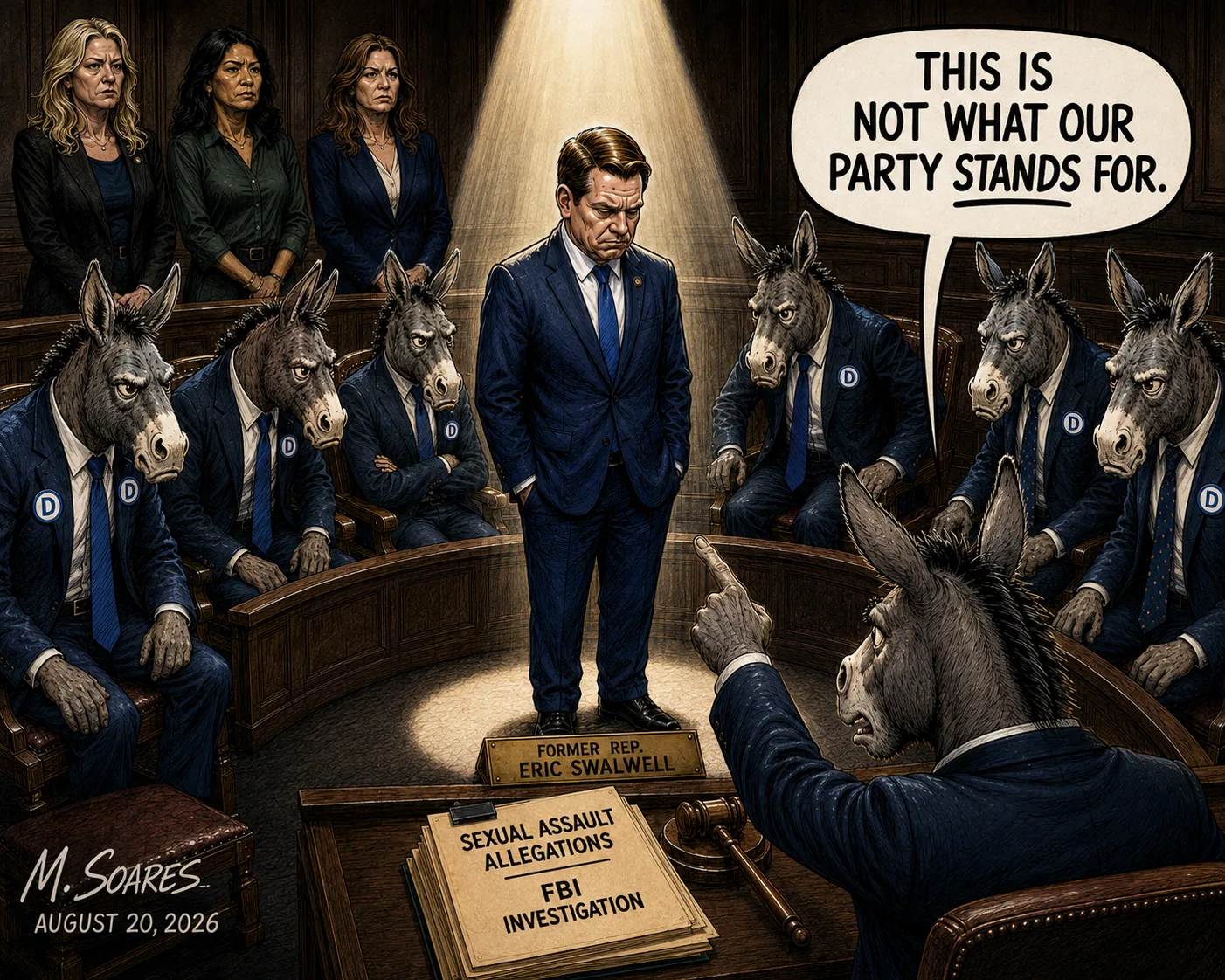 Former Rep. Eric Swalwell stands under a spotlight while seated Democratic donkey jurors stare at him and one says, This is not what our party stands for; three women stand behind the jury and a folder reads Sexual Assault Allegations and FBI Investigation.