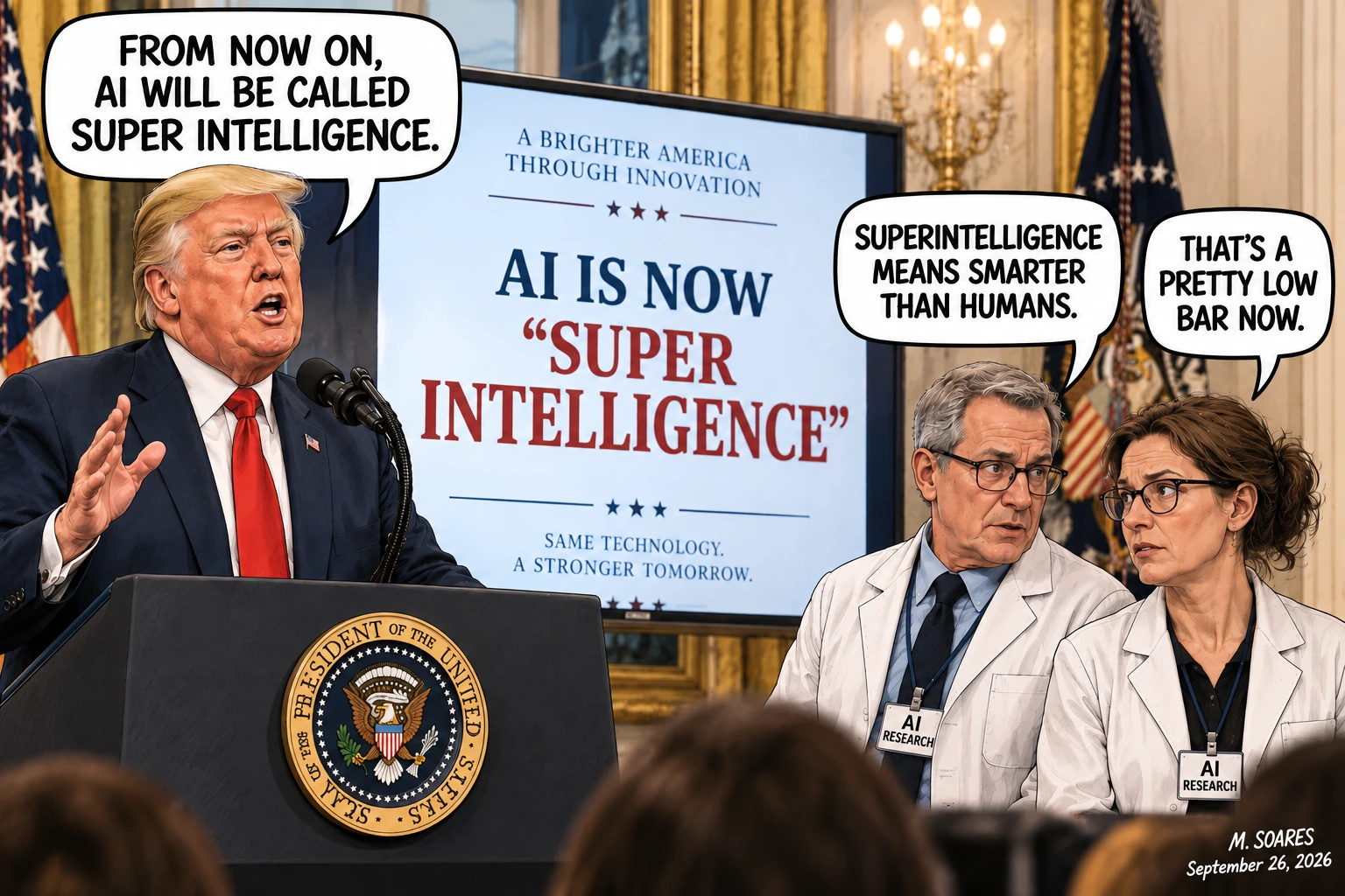 Editorial cartoon at a White House technology announcement. Trump declares that AI will now be called Super Intelligence. One researcher says superintelligence means smarter than humans, and another replies, That’s a pretty low bar now.