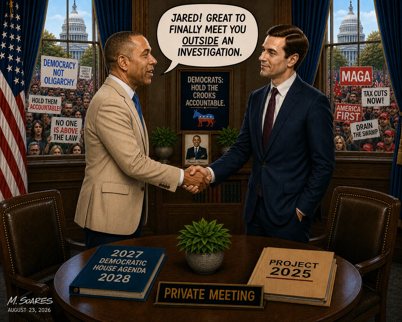 Editorial cartoon showing Hakeem Jeffries in a tan suit shaking hands with Jared Kushner during a private meeting, with opposing Democratic and MAGA crowds outside the windows and 2027 Democratic House Agenda 2028 and Project 2025 folders on the table.
