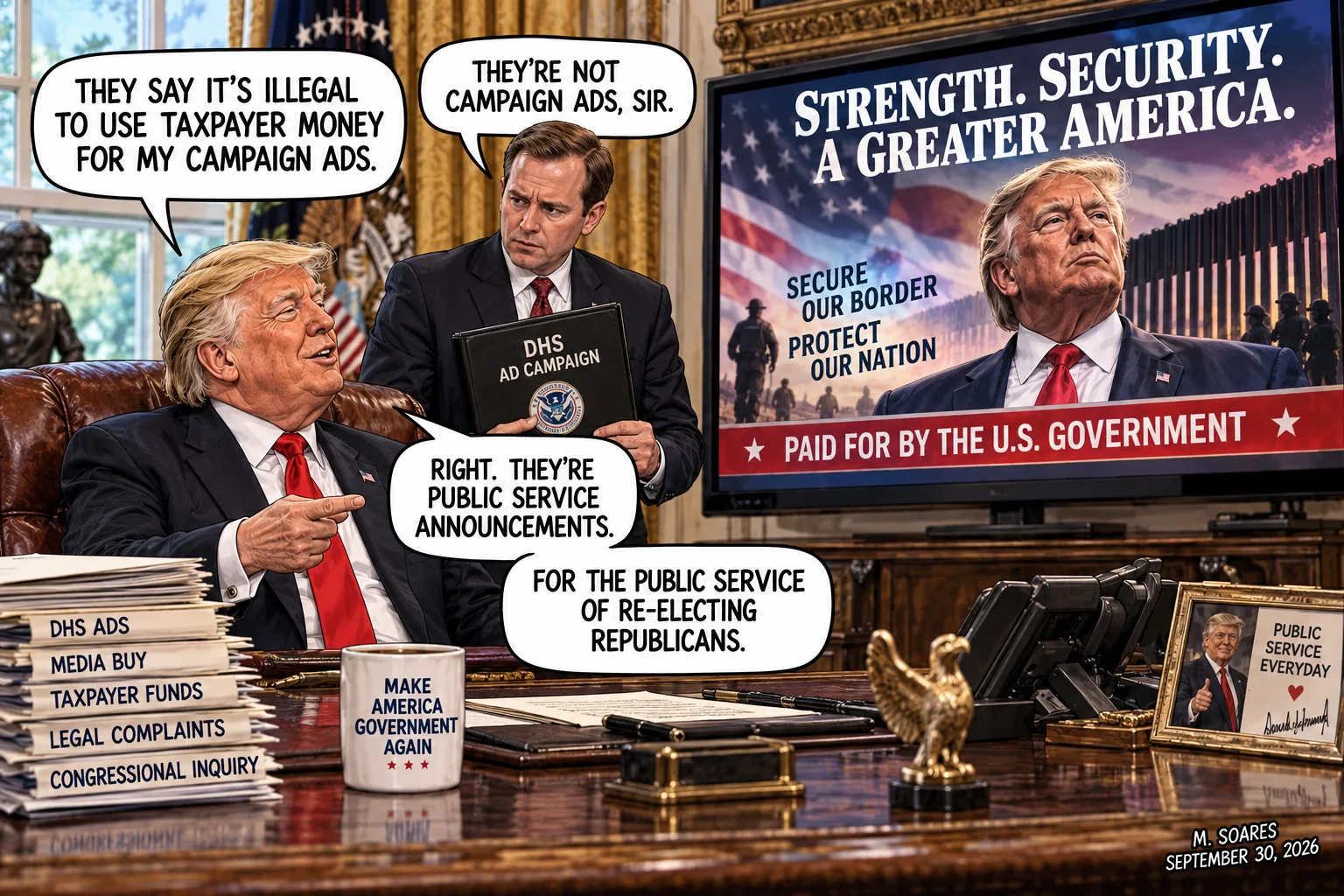 Editorial cartoon in the Oval Office. Trump says critics call taxpayer-funded ads illegal campaign advertising. An aide says they are public service announcements. Trump says they serve the public service of re-electing Republicans.
