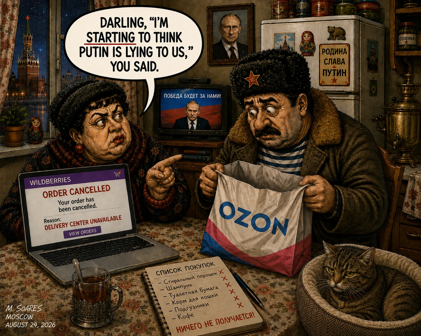 Editorial cartoon showing a Russian couple in a Moscow apartment with an Ozon delivery bag and a laptop displaying “Order Cancelled” while Putin appears on television and the wife says, “Darling, ‘I’m starting to think Putin is lying to us,’ you said.”