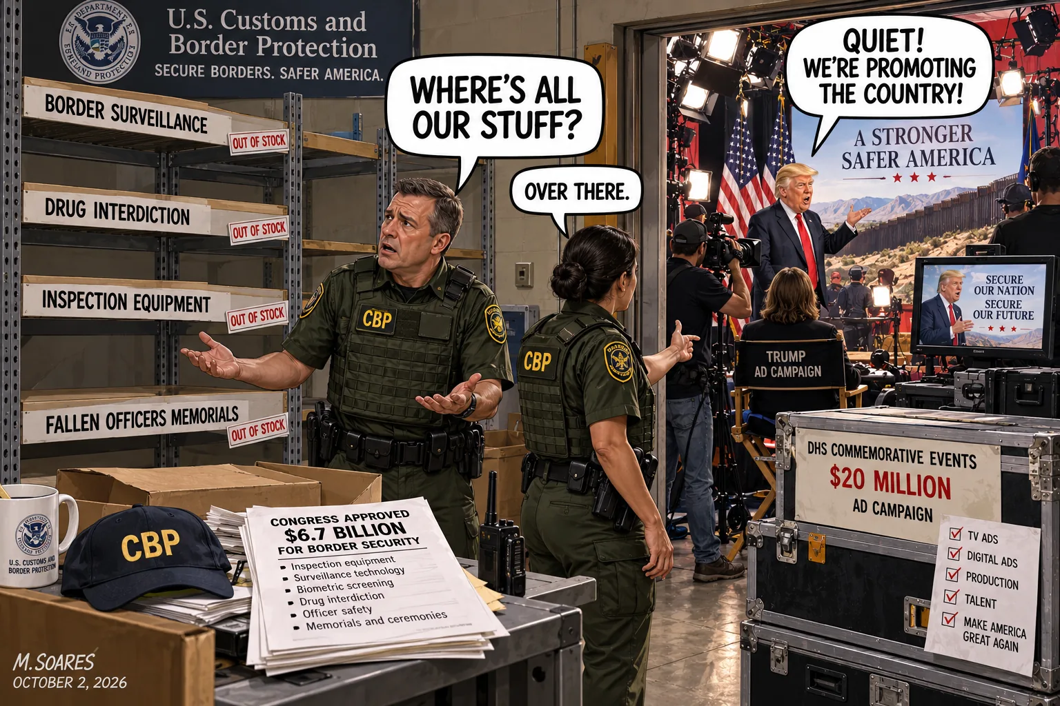 Editorial cartoon in a U.S. Customs and Border Protection warehouse. Shelves for border surveillance, drug interdiction, inspection equipment and fallen officers memorials are empty while next door Trump films a $20 million government-funded promotional ad.