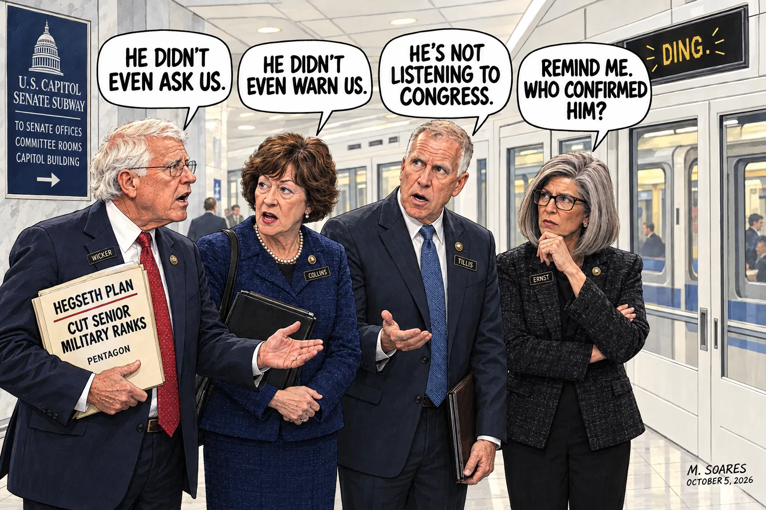 Editorial cartoon in the U.S. Capitol Senate subway. Roger Wicker, Susan Collins, Thom Tillis and Joni Ernst complain that Pete Hegseth did not ask, warn or listen to Congress about a plan to cut senior military ranks. Ernst asks, Remind me. Who confirmed him?