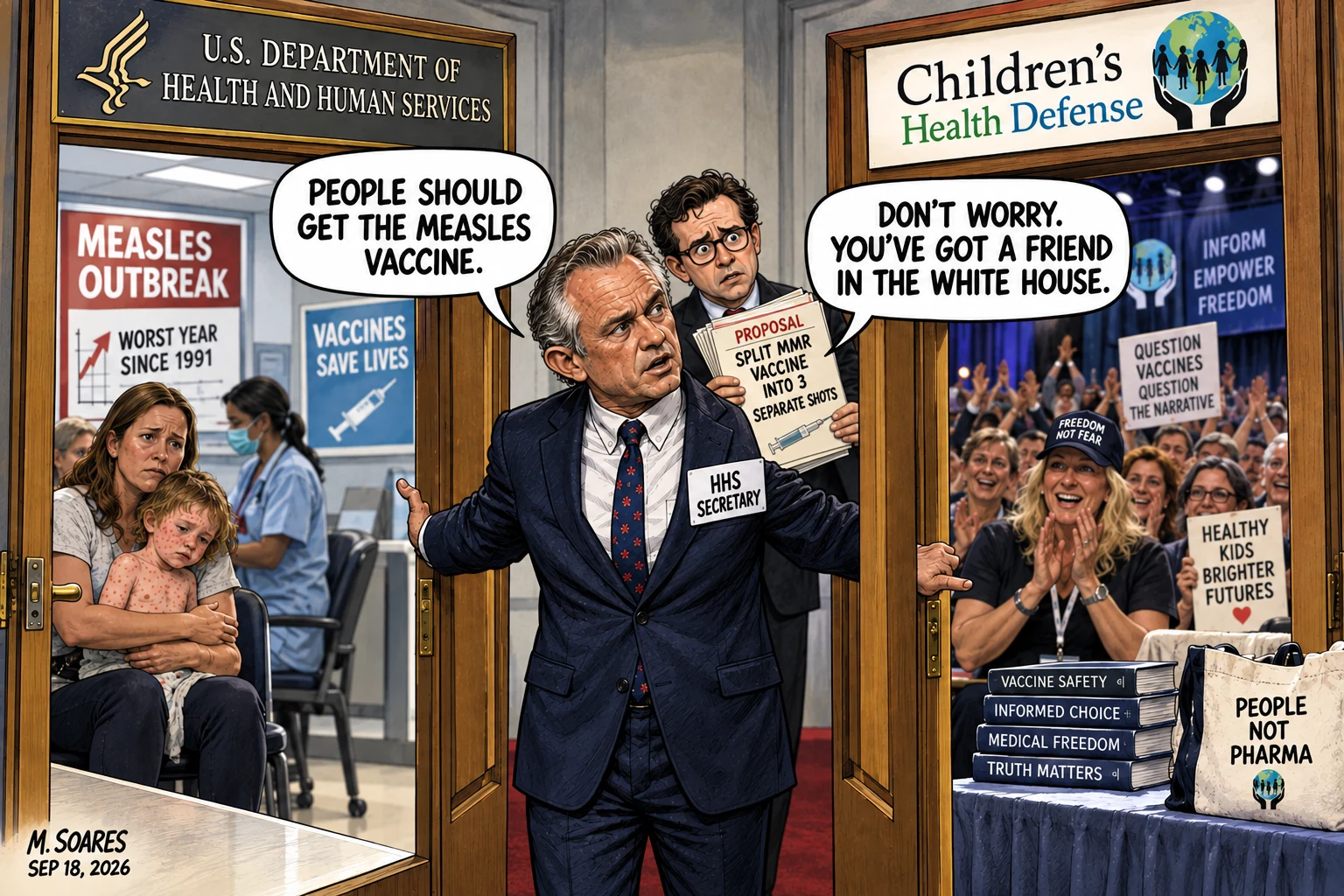 Editorial cartoon showing HHS Secretary Robert F. Kennedy Jr. between two doors. At an HHS measles outbreak clinic he says, People should get the measles vaccine. Toward a Children’s Health Defense gathering he says, Don’t worry. You’ve got a friend in the White House. An aide holds a proposal to split the MMR vaccine into three separate shots.