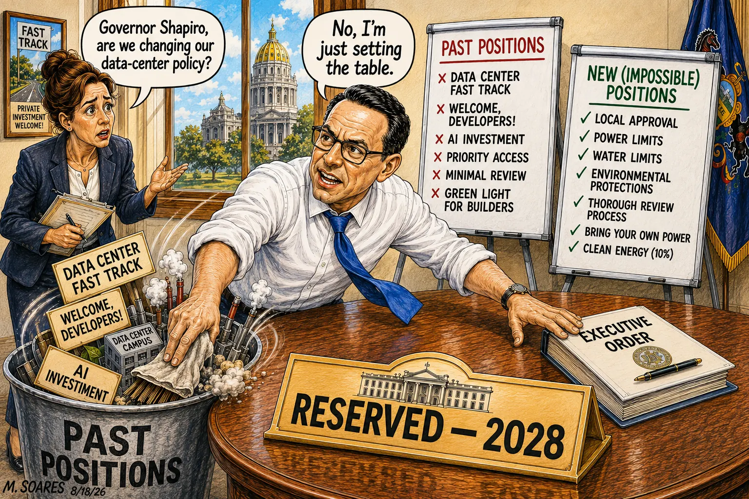 Josh Shapiro clears old pro-data-center positions into a bin while an aide asks if he is changing policy and a 2028 place is reserved.