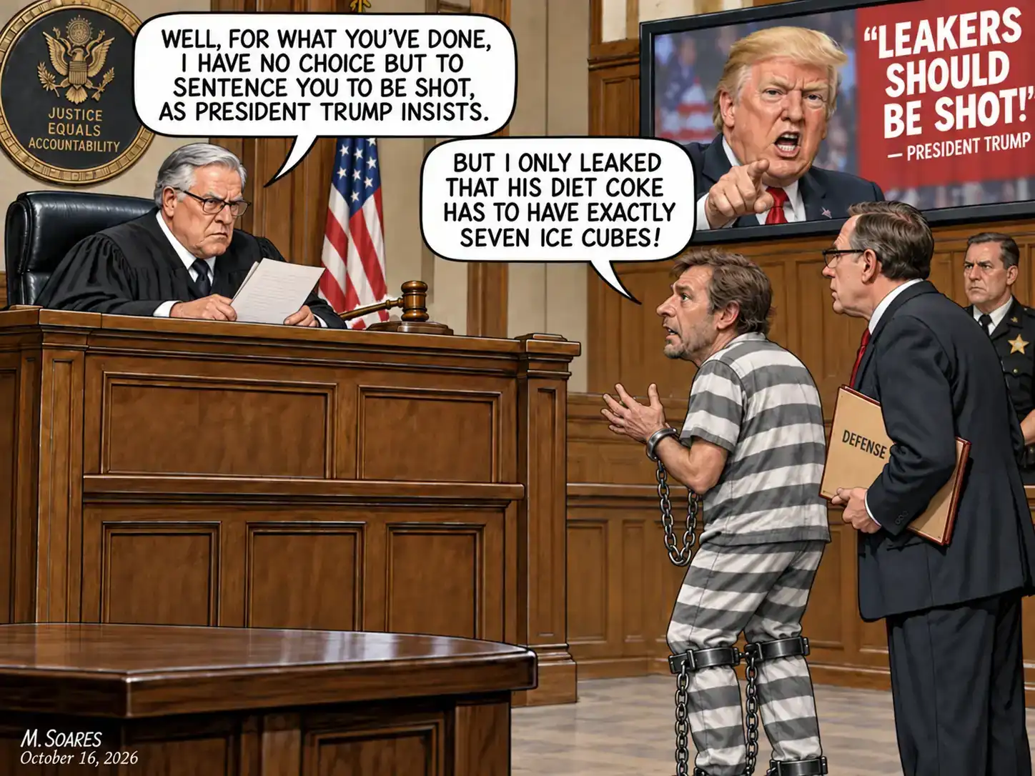 In a courtroom, a chained man says he only disclosed that Trump demands exactly seven ice cubes in his Diet Coke.
