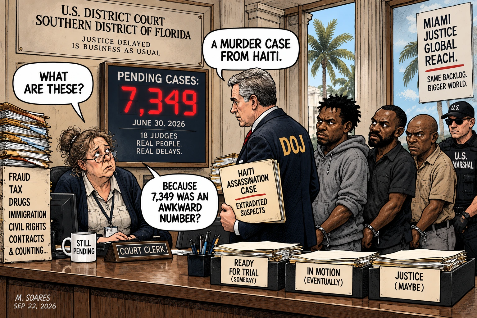 Editorial cartoon at the U.S. District Court for the Southern District of Florida. A clerk looks at 7,349 pending cases as a DOJ official arrives with extradited suspects in the Haiti assassination case.