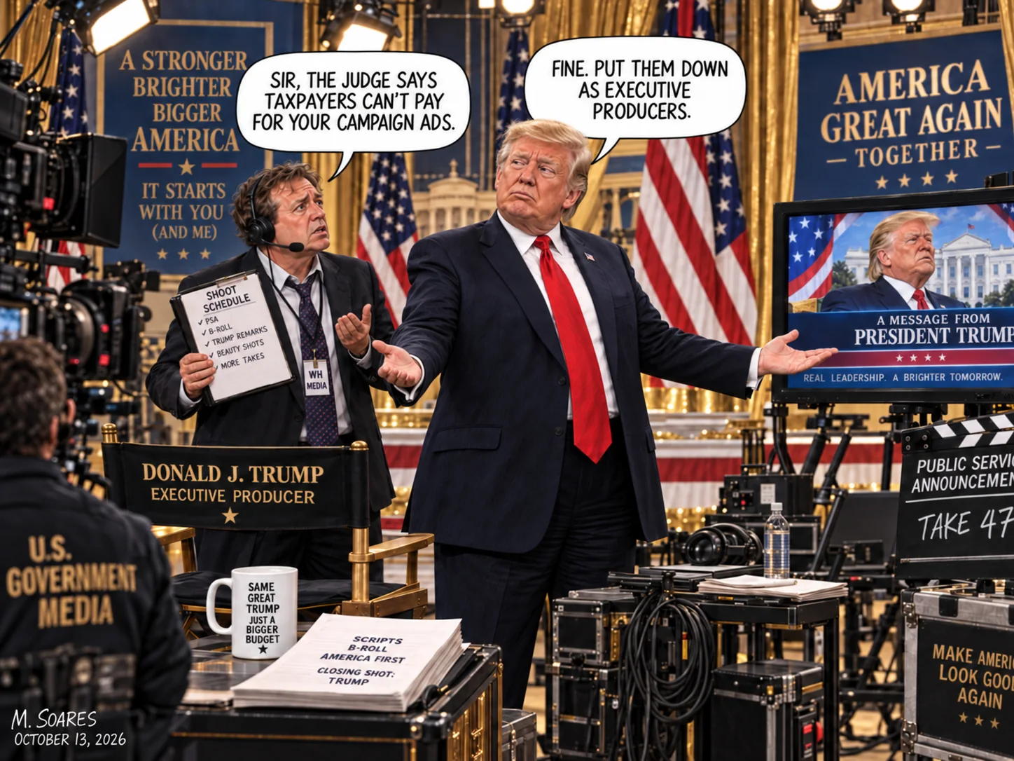 On a lavish political advertising set, a producer says a judge ruled that taxpayers cannot pay for campaign ads. Trump replies: Fine. Put them down as executive producers.