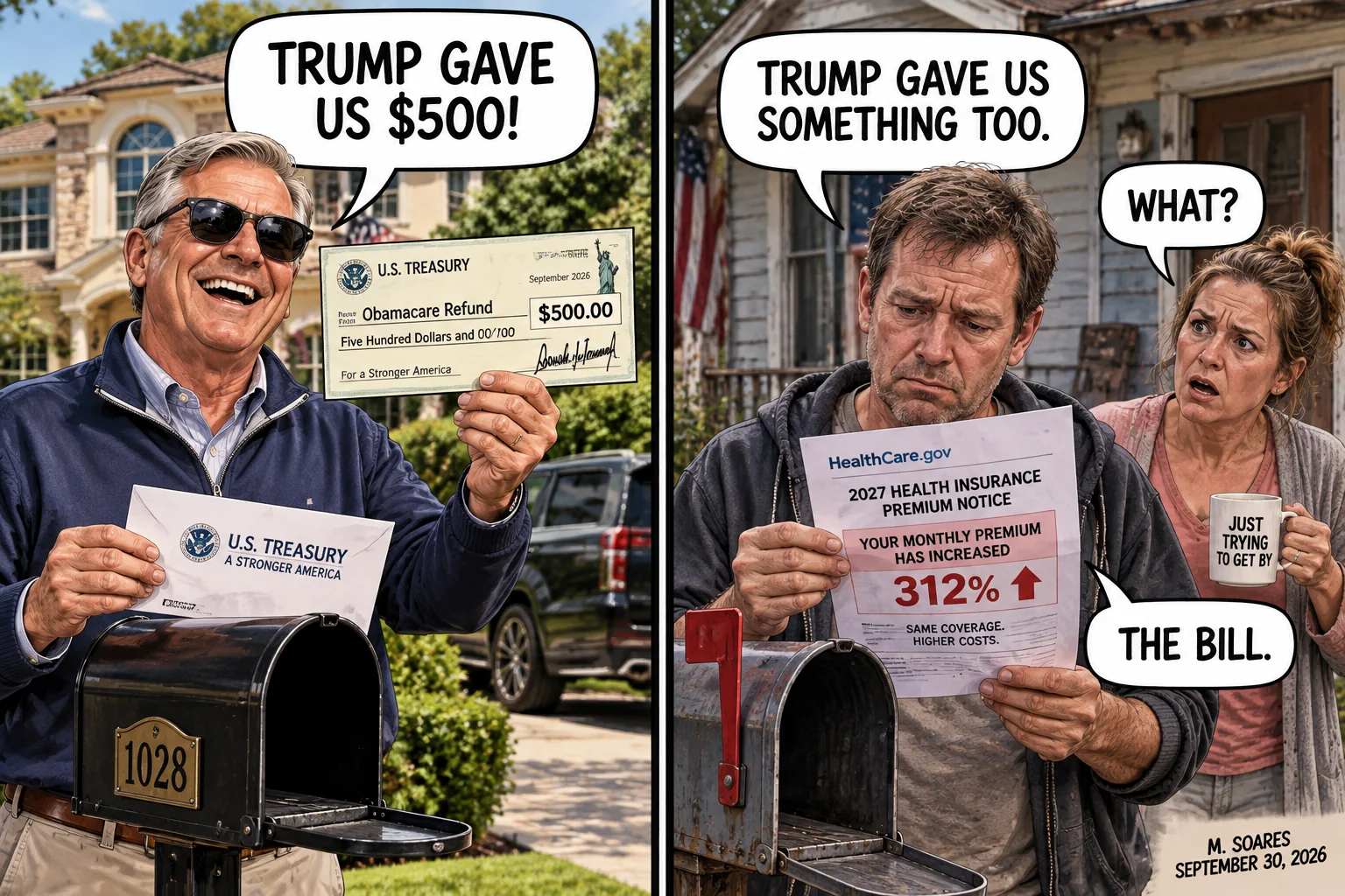 Split-screen editorial cartoon. An affluent man celebrates a $500 ObamaCare refund while a working-class couple opens a sharply higher health-insurance premium notice. Asked what Trump gave them, the man answers, The bill.