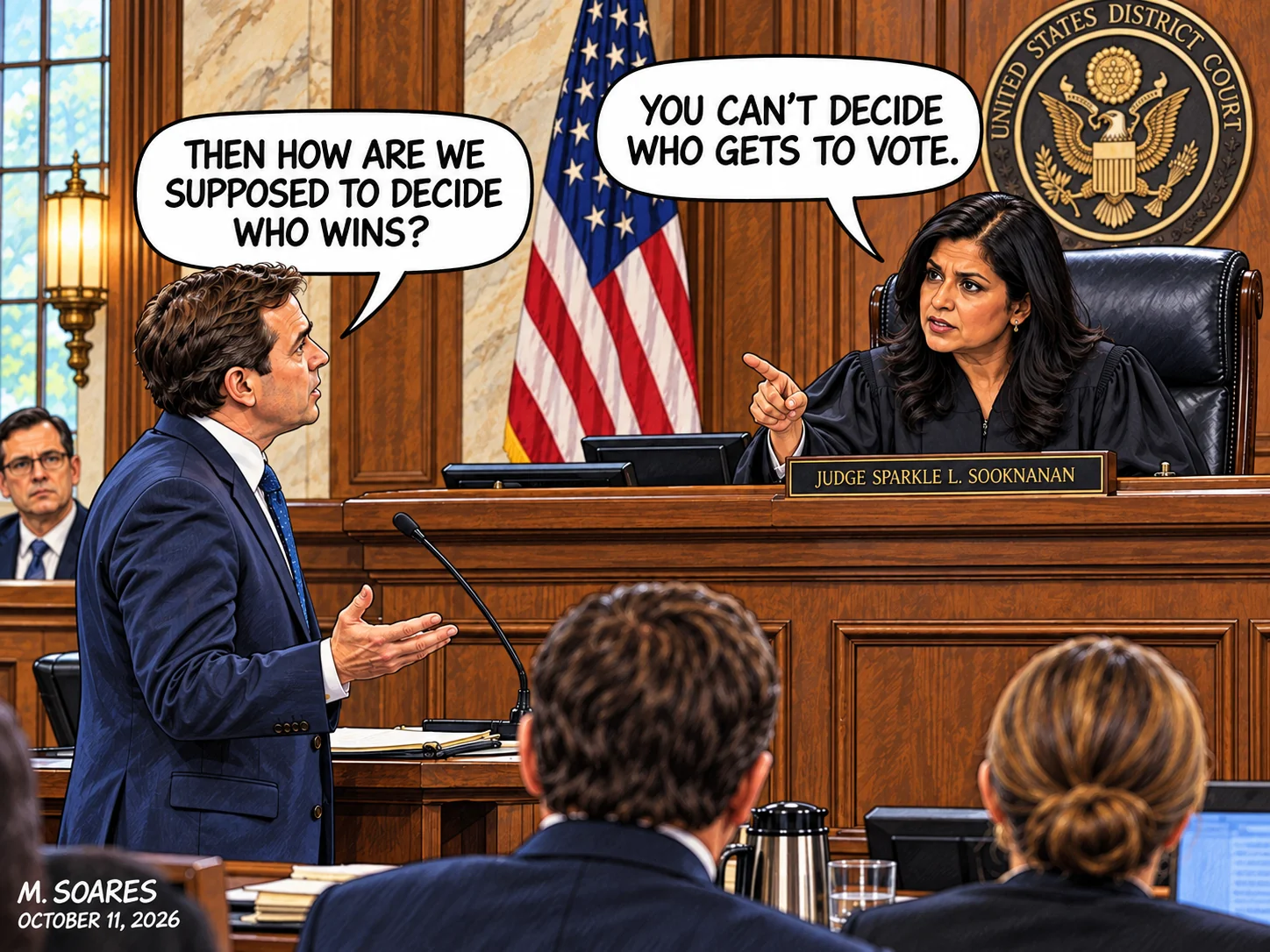 Judge Sooknanan says the DOJ cannot decide who gets to vote. The attorney asks how it is supposed to decide who wins.