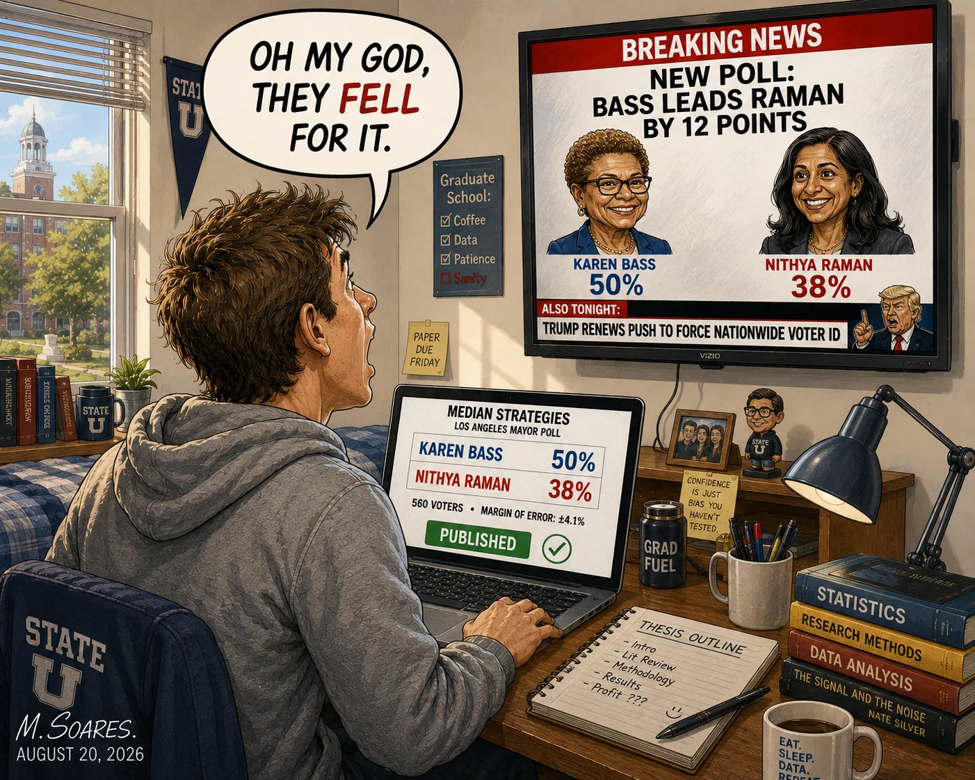 A young man in a college room looks from a laptop showing a published Median Strategies poll with Karen Bass at 50 percent and Nithya Raman at 38 percent to a television reporting the same numbers, and says, Oh my God, they fell for it.