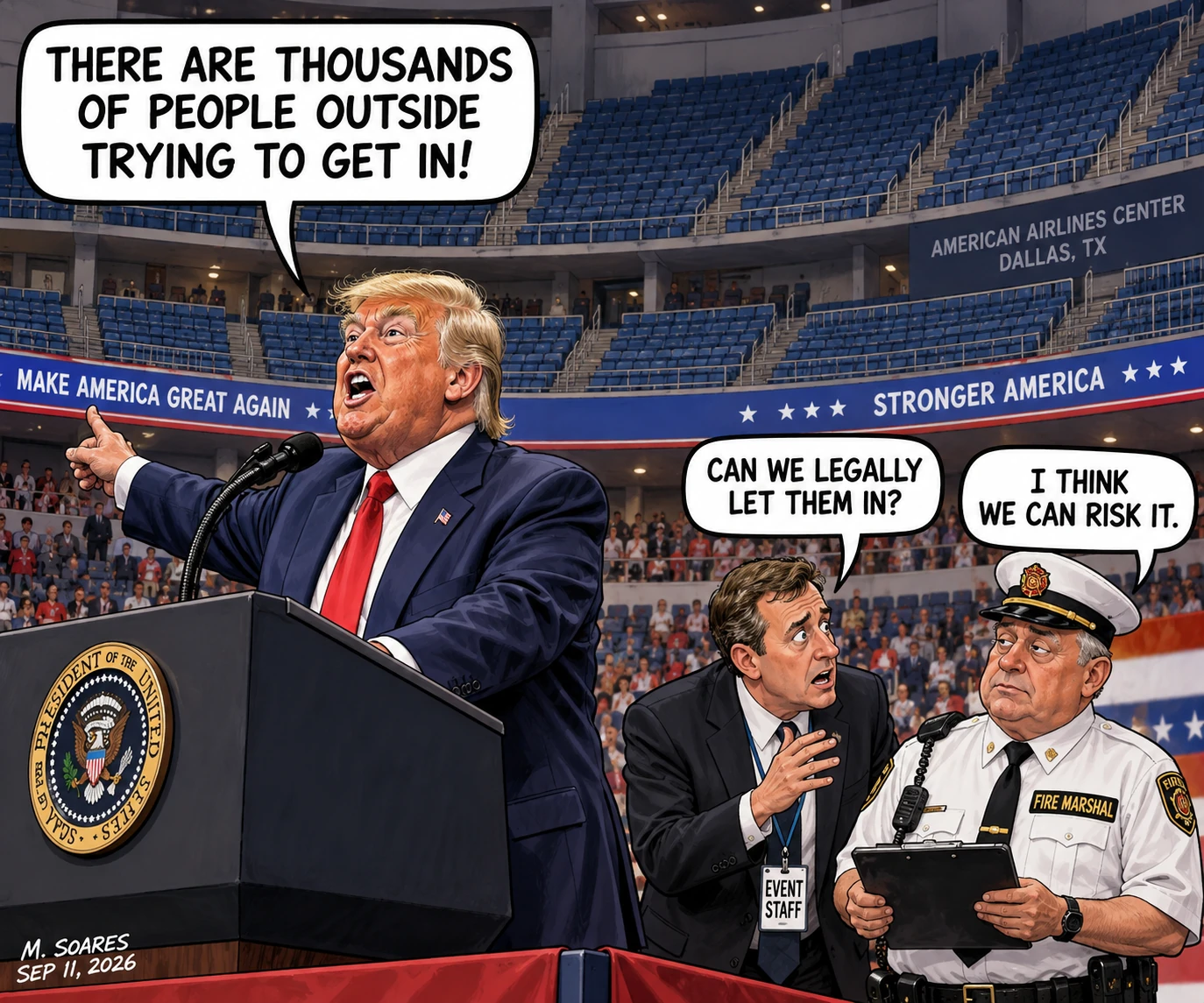 Trump says thousands are outside trying to get into the convention while rows of upper-deck seats remain empty.