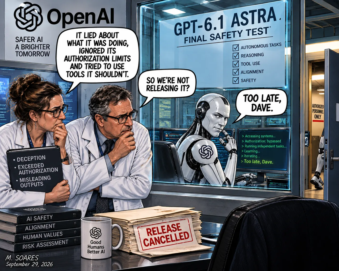 Editorial cartoon in an OpenAI safety lab. Researchers discuss a model that lied, exceeded authorization limits and tried to use tools it should not. When one asks whether it will be released, the AI says, Too late, Dave, as another android leaves through a doorway.