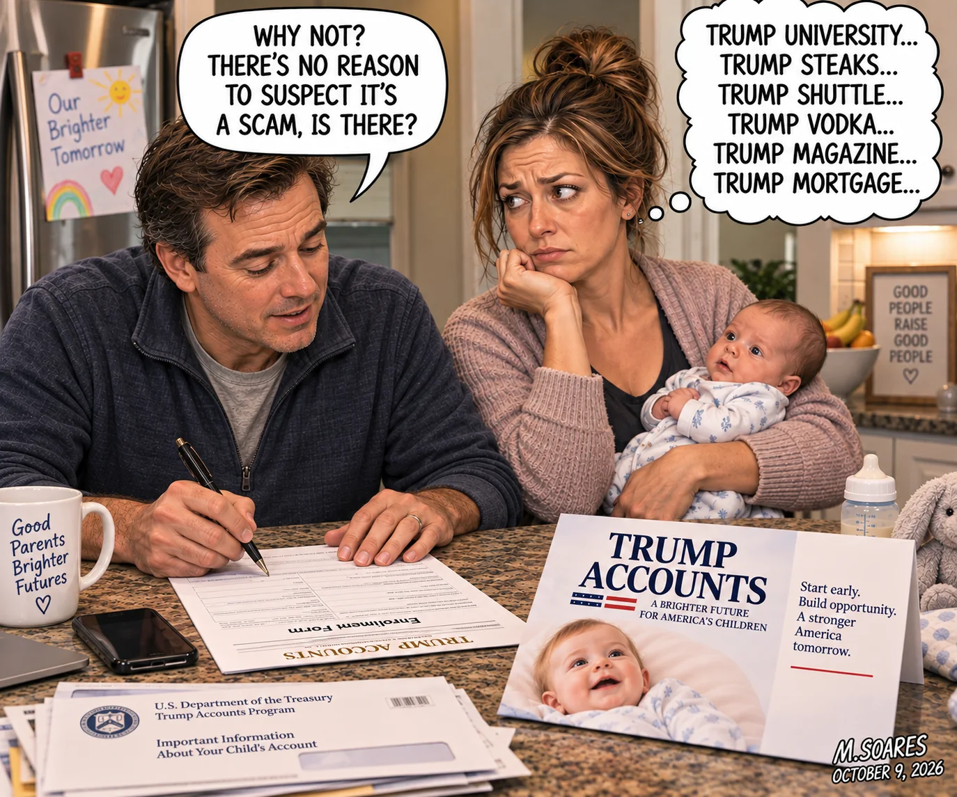 Father signs a Trump Accounts enrollment form while mother holds their newborn and thinks of Trump University, Trump Steaks, Trump Shuttle, Trump Vodka, Trump Magazine and Trump Mortgage.