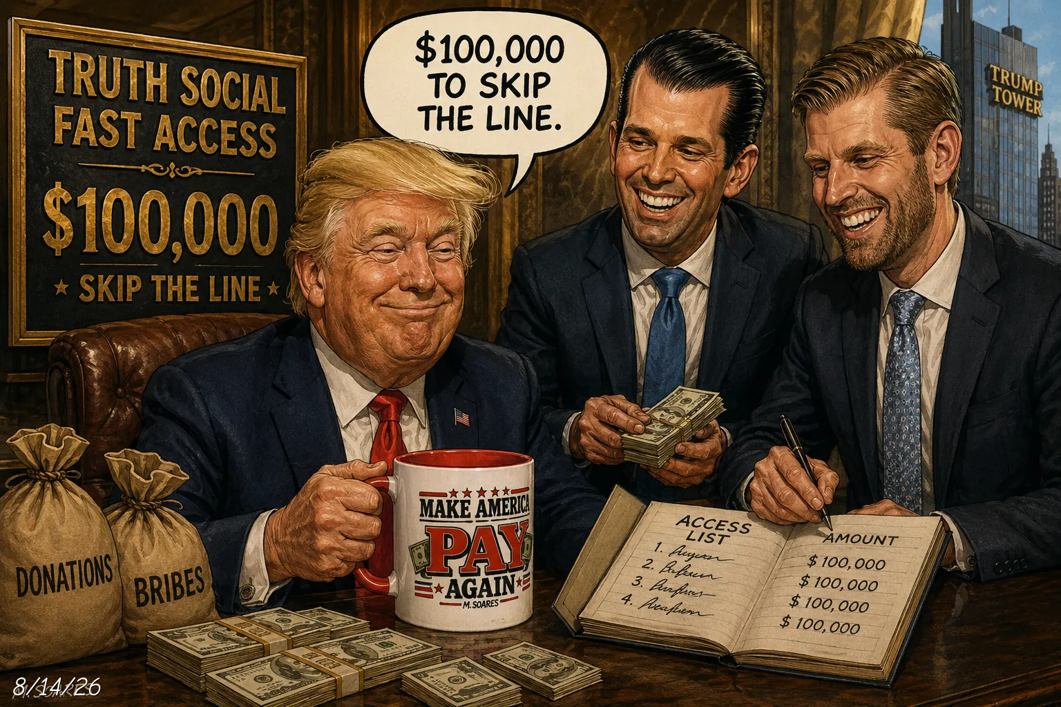Donald Trump holds a Make America Pay Again mug beside a Truth Social fast-access sign offering $100,000 to skip the line, surrounded by cash and donation bags.