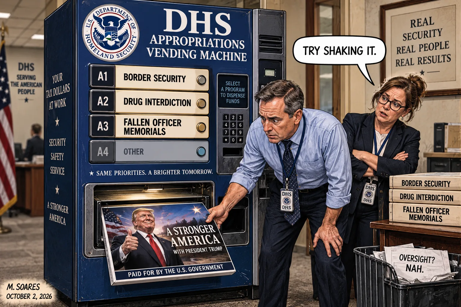 Editorial cartoon in a DHS office. An appropriations vending machine lists border security, drug interdiction and fallen officer memorials, but dispenses a Trump promotional ad paid for by the U.S. government. One employee tells another, Try shaking it.