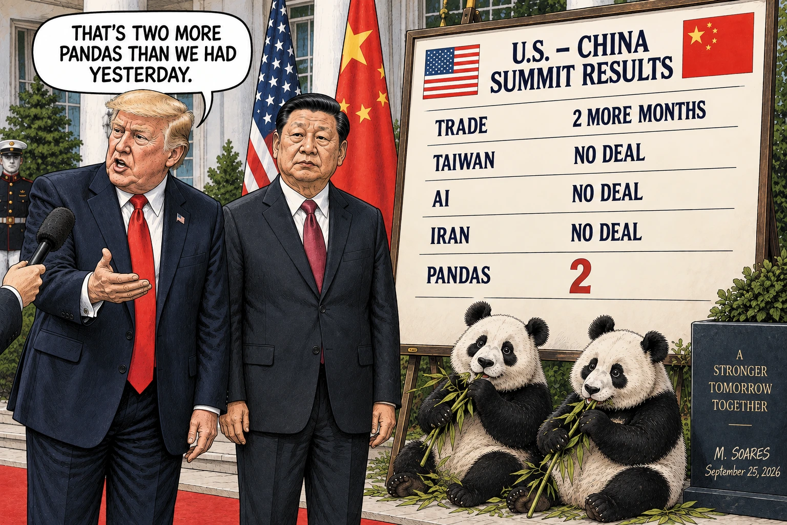 Editorial cartoon of Donald Trump and Xi Jinping beside a U.S.-China summit results board showing no deals on several issues and two pandas. Trump says: That’s two more pandas than we had yesterday.