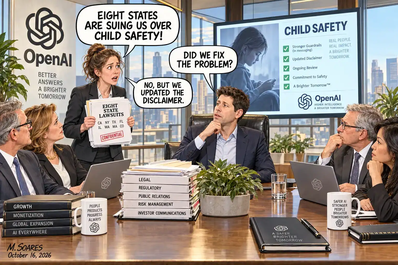 An employee alerts executives to eight state lawsuits over child safety. Asked whether the problem was fixed, she replies that they updated the disclaimer.