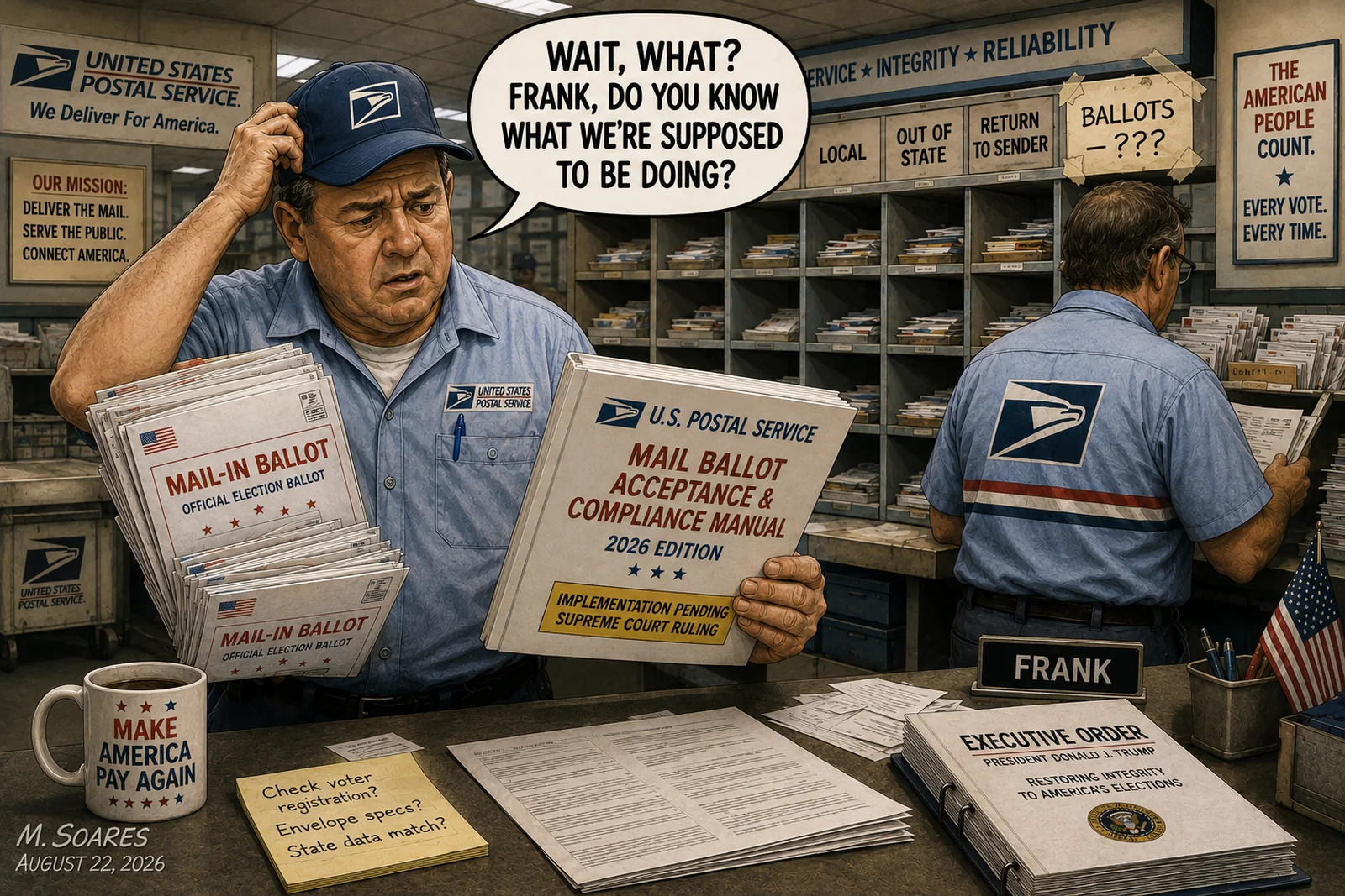 Original August 22 editorial cartoon showing a confused postal worker holding a Mail Ballot Acceptance & Compliance Manual with a yellow notice reading implementation pending Supreme Court ruling.