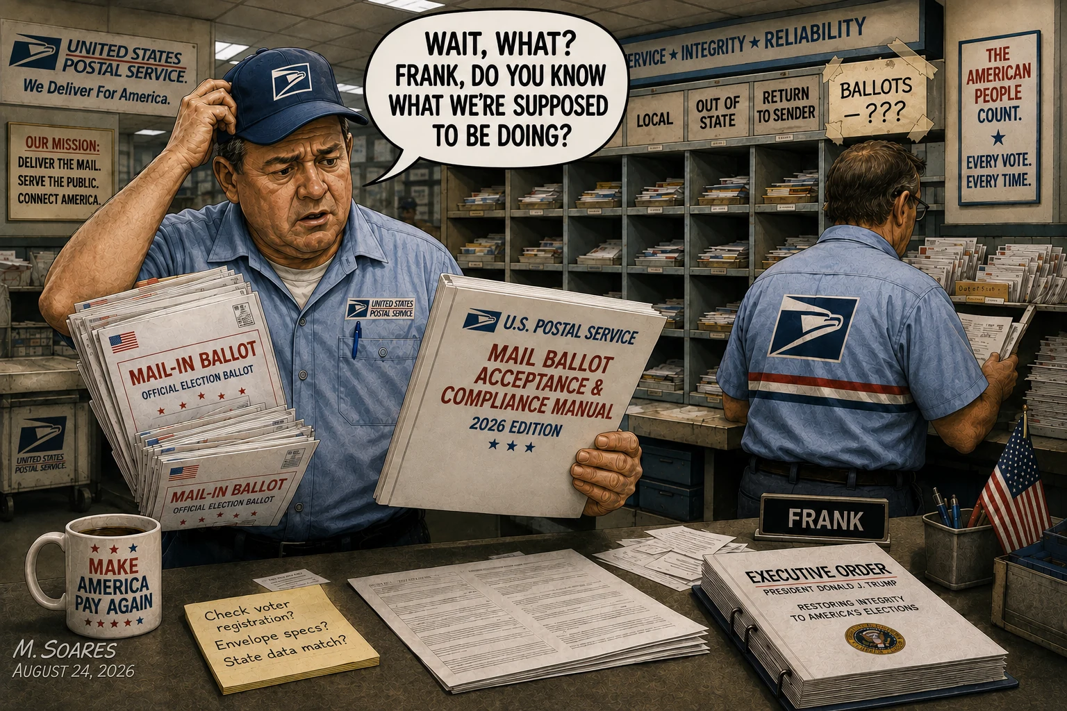 Editorial cartoon showing a confused USPS worker holding mail-in ballots and a 2026 Mail Ballot Acceptance & Compliance Manual as he asks Frank, “Wait, what? Frank, do you know what we’re supposed to be doing?”
