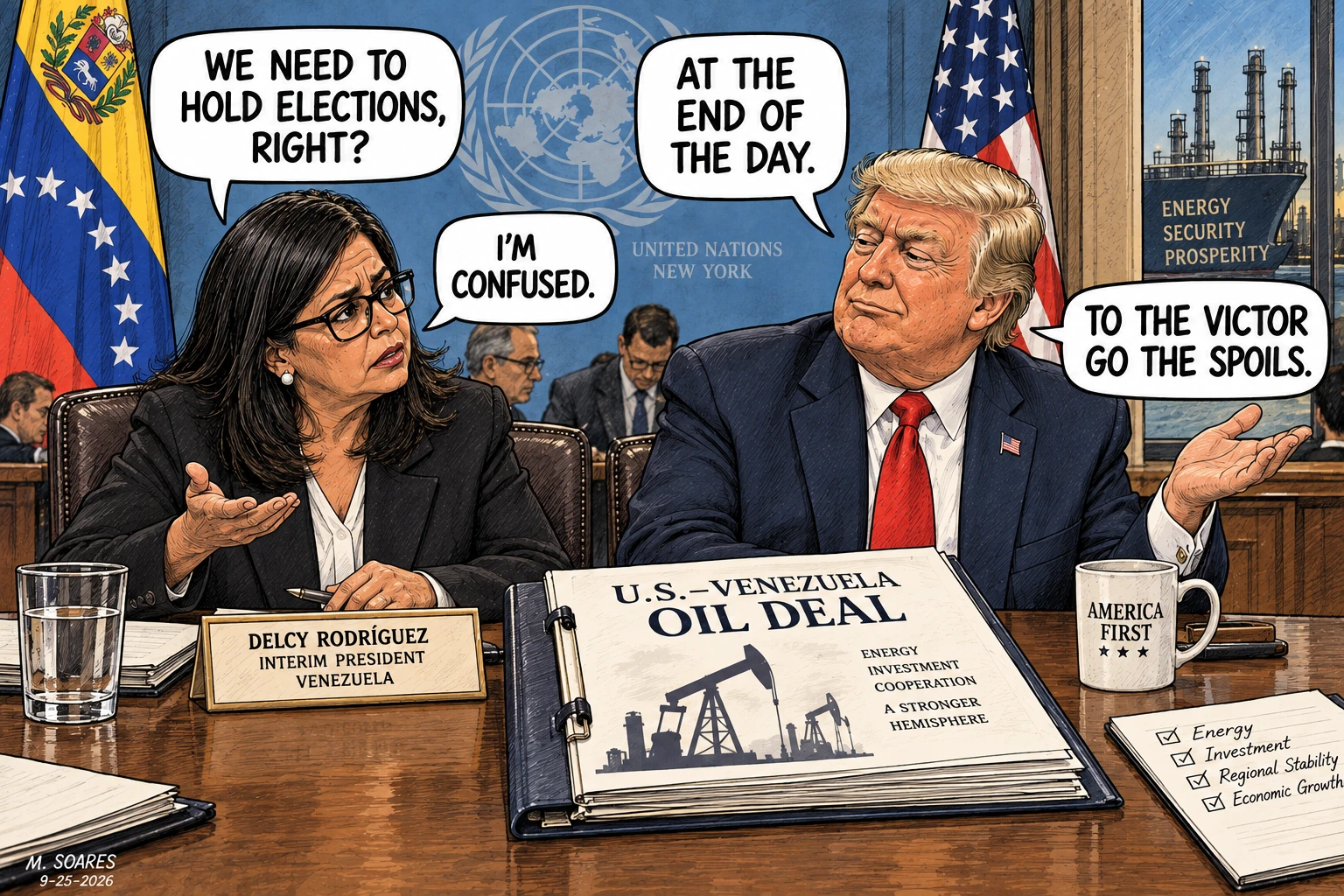 Editorial cartoon of Venezuela interim president Delcy Rodríguez and Donald Trump. Rodríguez asks about elections; Trump says at the end of the day and points to a U.S.-Venezuela oil deal while saying: To the victor go the spoils.