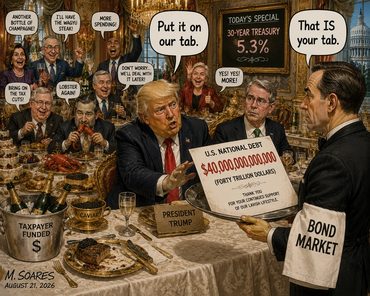 Editorial cartoon showing Donald Trump and Democratic and Republican political leaders at an extravagant banquet as a waiter labeled Bond Market presents a $40 trillion U.S. national debt bill. Trump says, Put it on our tab. The waiter replies, That IS your tab. A board behind them shows the 30-year Treasury yield at 5.3%.
