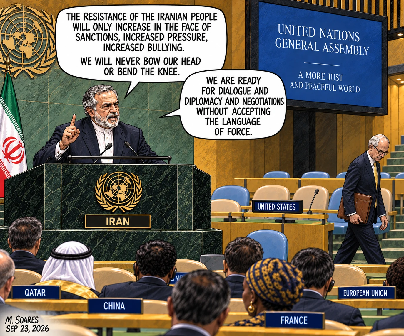 Editorial cartoon at the United Nations. Iran’s president says pressure will increase Iranian resistance, vows never to bend the knee, and offers dialogue as the lone U.S. representative walks out of the otherwise empty U.S. section.