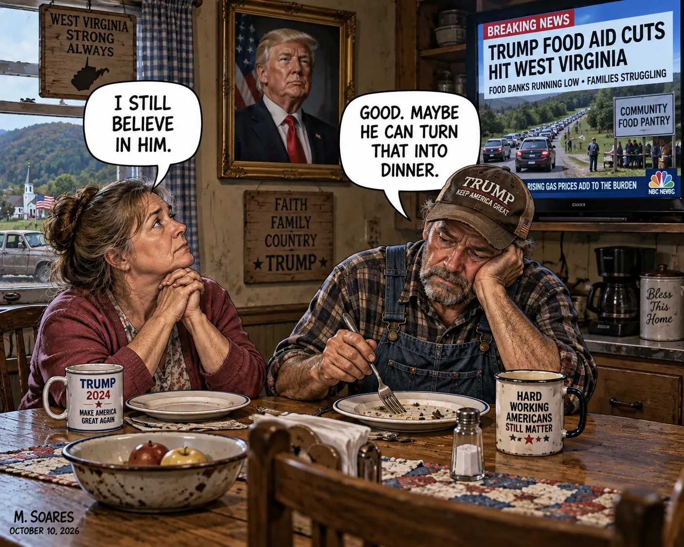 A West Virginia couple at an almost empty dinner table watches news of Trump food aid cuts. She says I still believe in him; he replies Good, maybe he can turn that into dinner.