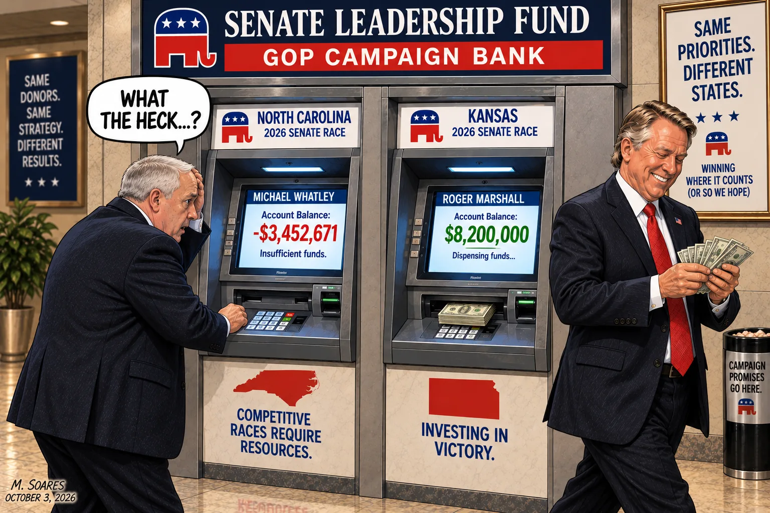 Editorial cartoon at a Senate Leadership Fund GOP Campaign Bank. Michael Whatley stares at a North Carolina Senate Race ATM showing insufficient funds while Roger Marshall walks away from the Kansas ATM counting cash.
