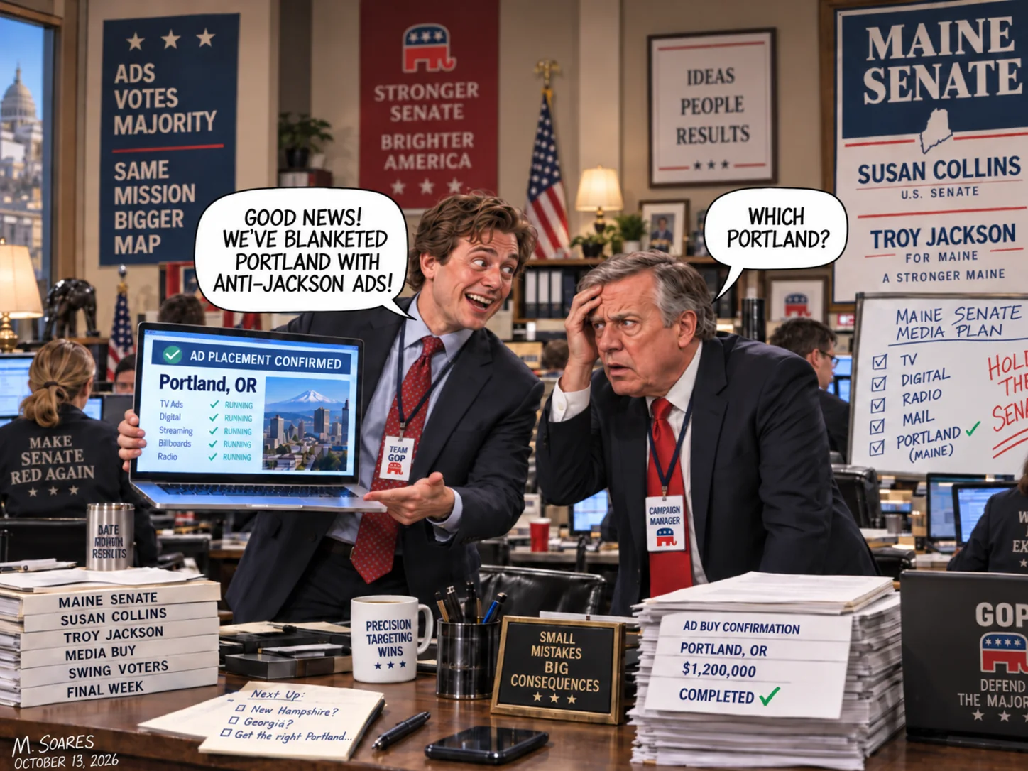 At a Republican Senate media office, a smiling aide celebrates blanketing Portland with anti-Jackson ads. His campaign manager asks: Which Portland? The laptop shows Portland, OR.