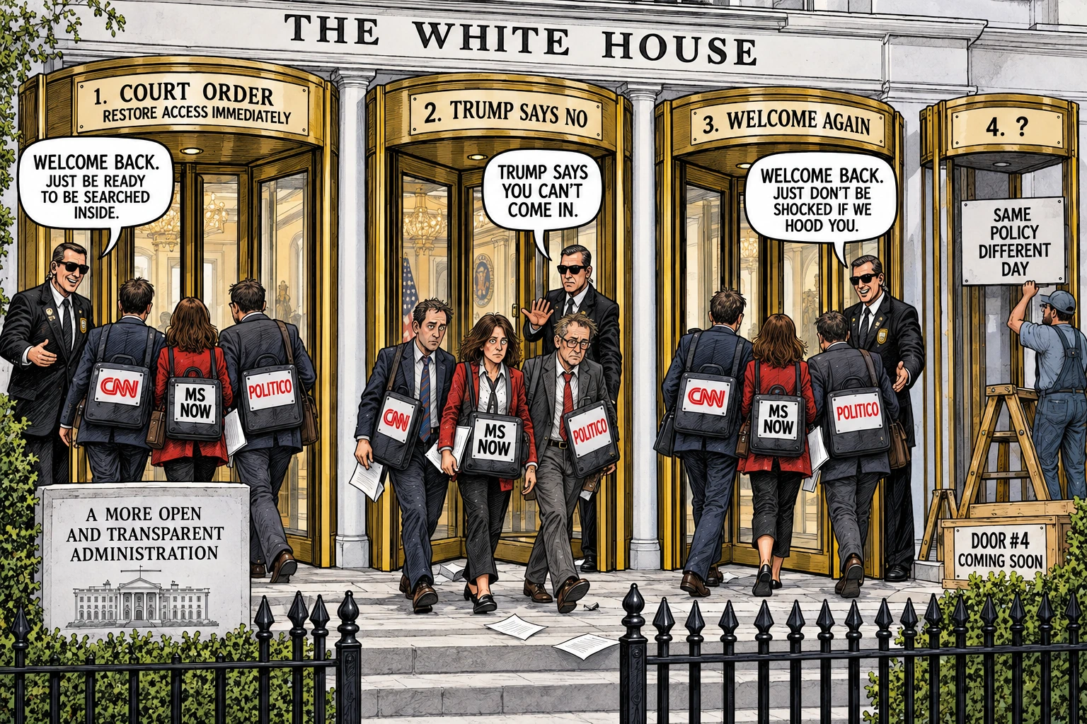 Editorial cartoon of White House revolving doors cycling CNN, MS NOW and Politico reporters through restored access, renewed exclusion and another welcome back.