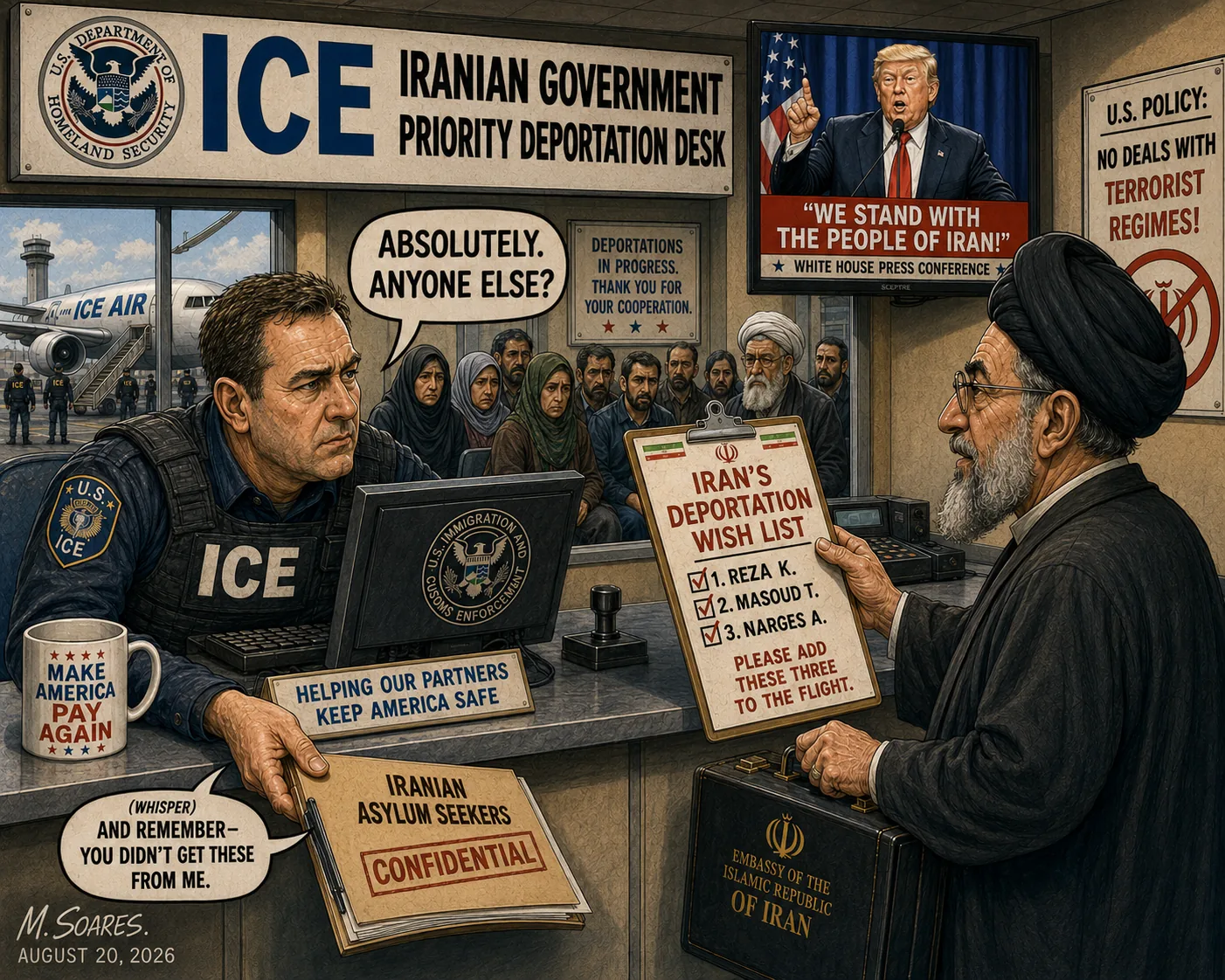 At an ICE Iranian Government Priority Deportation Desk, an Iranian official hands over a deportation wish list while an ICE officer passes a confidential Iranian asylum seekers folder and whispers, And remember—you didn’t get these from me.