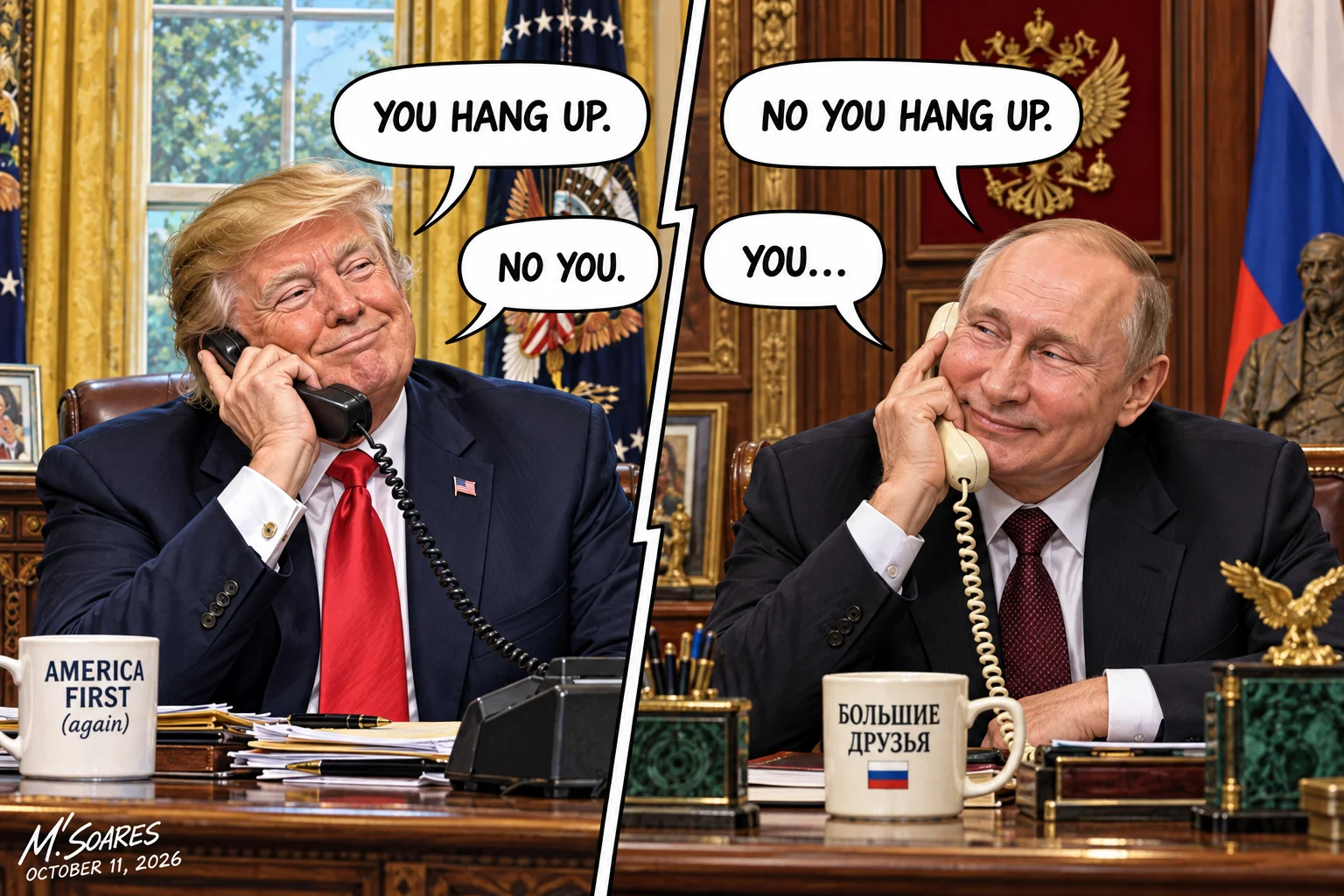 Trump and Putin smile over their phones in split screen: You hang up. No you hang up. No you. You…